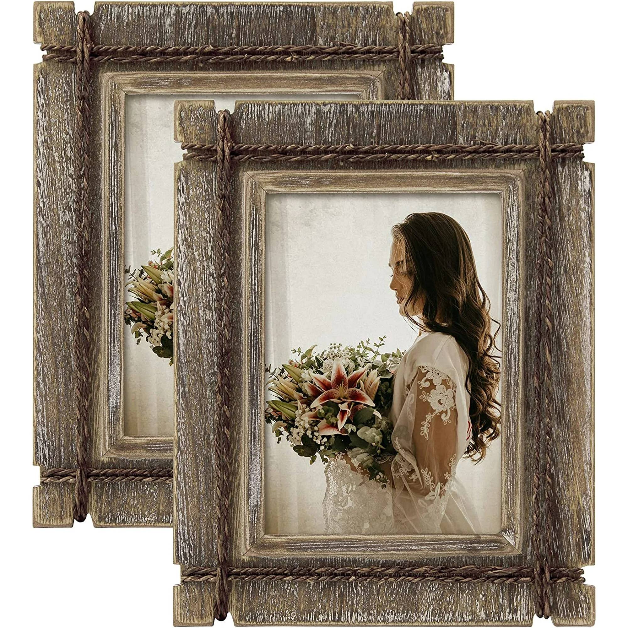 Afuly Rustic Picture Frames 5x7 Wooden Picture Frame Set of 2 Barnwood Distressed Western Vintage Photo Frames with Real Glass Wall Tabletop