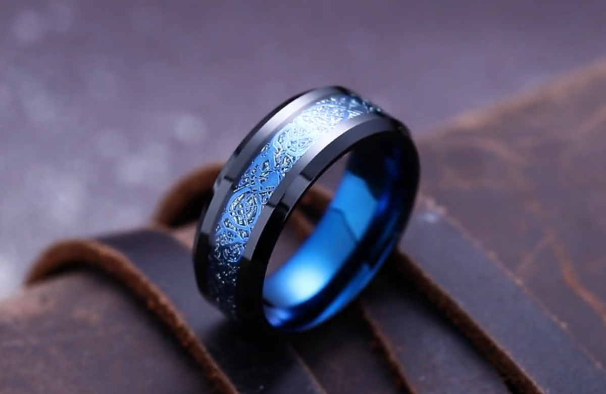 thumbnail video image 2 of King Will DARGON 8mm Green and Black Celtic Dragon Tungsten Carbide Ring Wedding Band for Men Women Polished Finish Beveled Edge Comfort Fit Size 9, 2 of 8