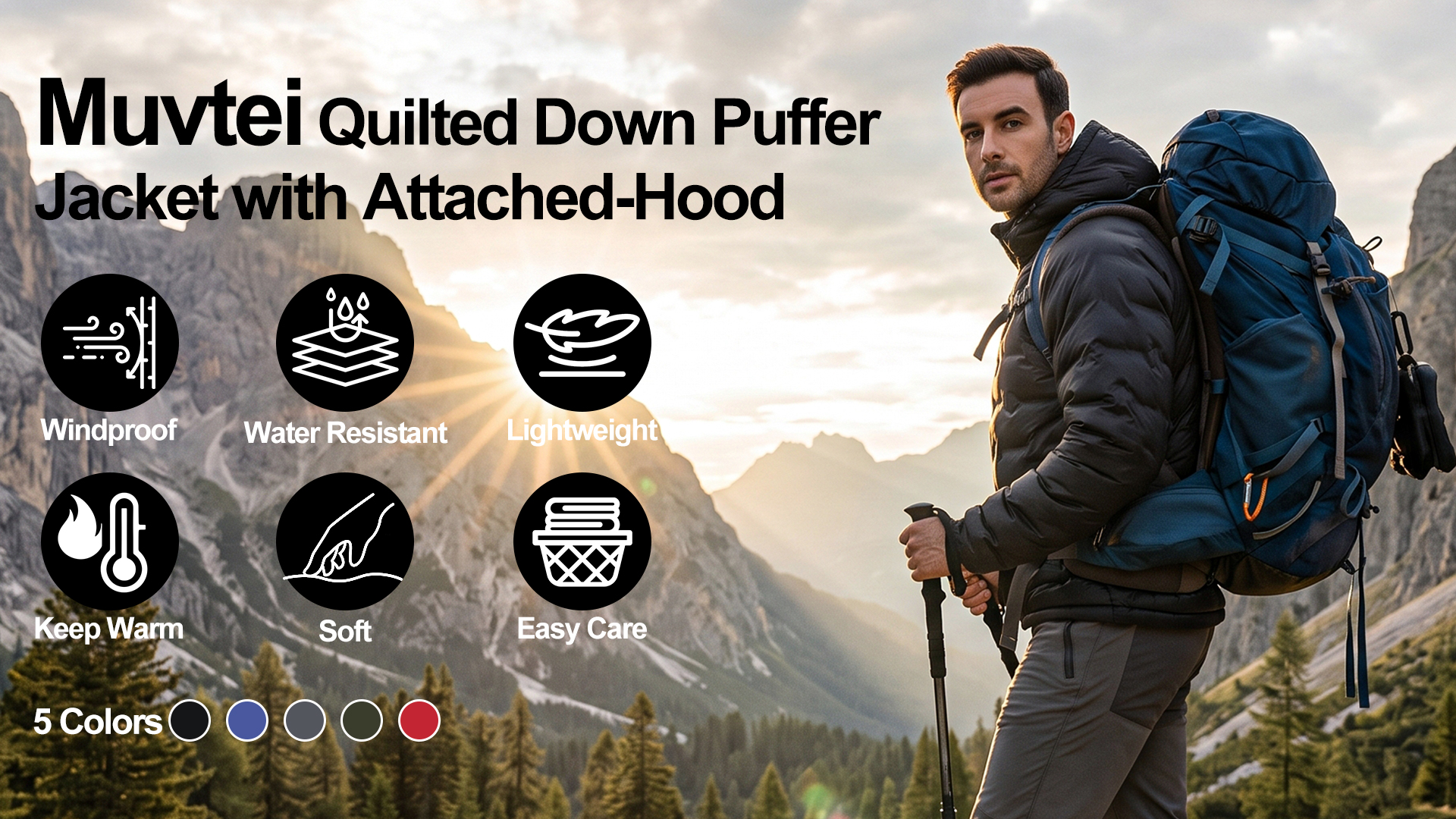 thumbnail video image 2 of Muvtei Men's Puffer Jacket Hooded Windproof Full Zip Casual Coat Warm Water Resistant Jacket Lightweight Winter Outerwear Black-XL, 2 of 10