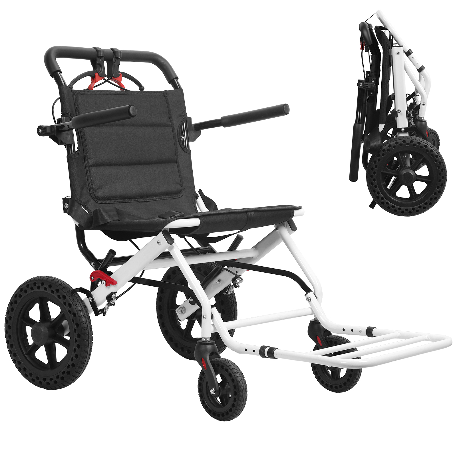 thumbnail video image 2 of Dbuoem 20 inches Portable Folding Transport Wheelchair,Ultra-Light Wheelchair (Only 14lbs) with Telescopic Handle & 12 inches Rear Wheels,Wheelchairs for Adults and Seniors,Support 120kg, 2 of 9