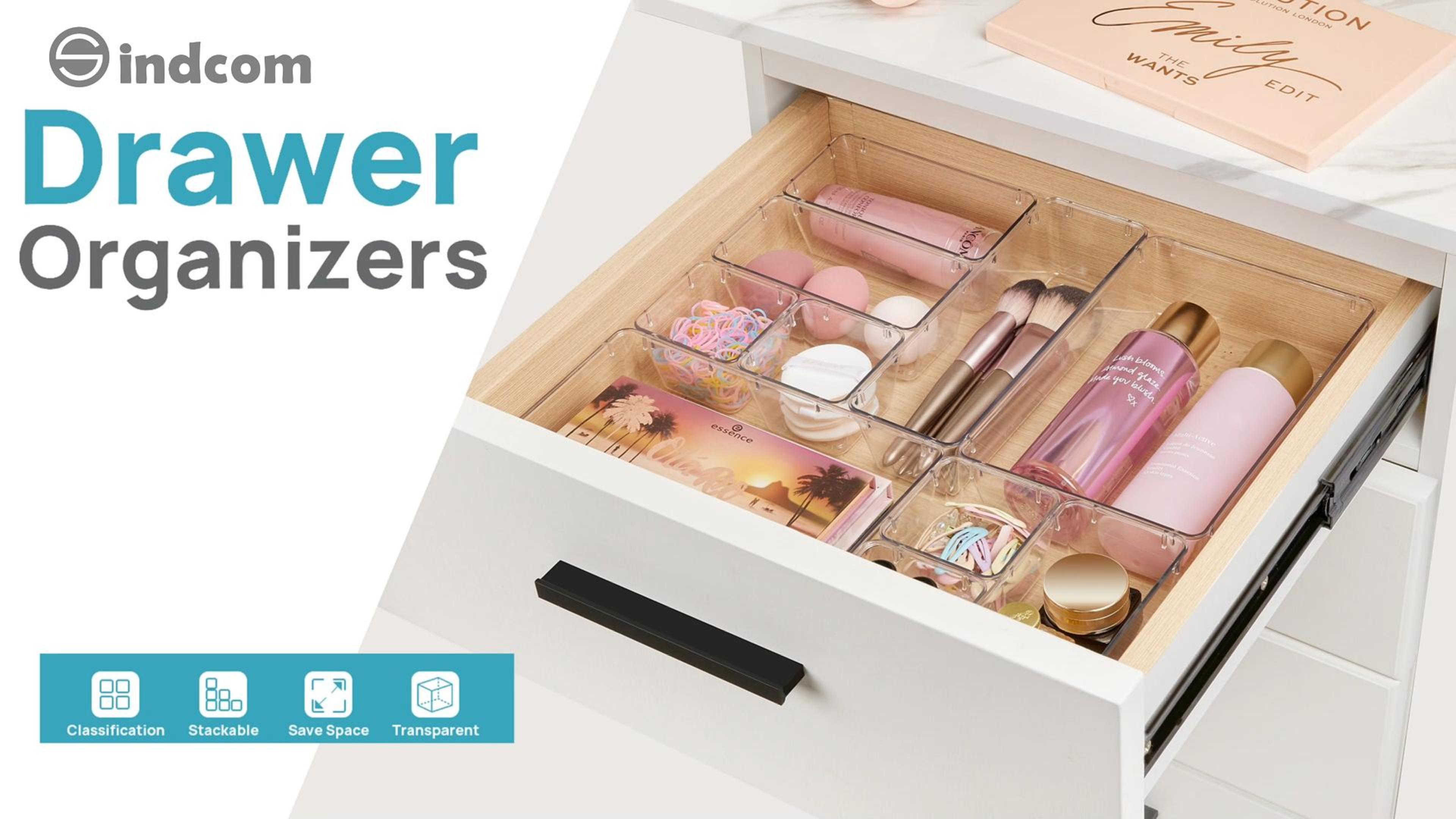 thumbnail video image 2 of Sindcom 60 PCS Drawer Organizer, 4-Size Clear Plastic Bins Containers, for Bathroom and Vanity Storage, 2 of 8