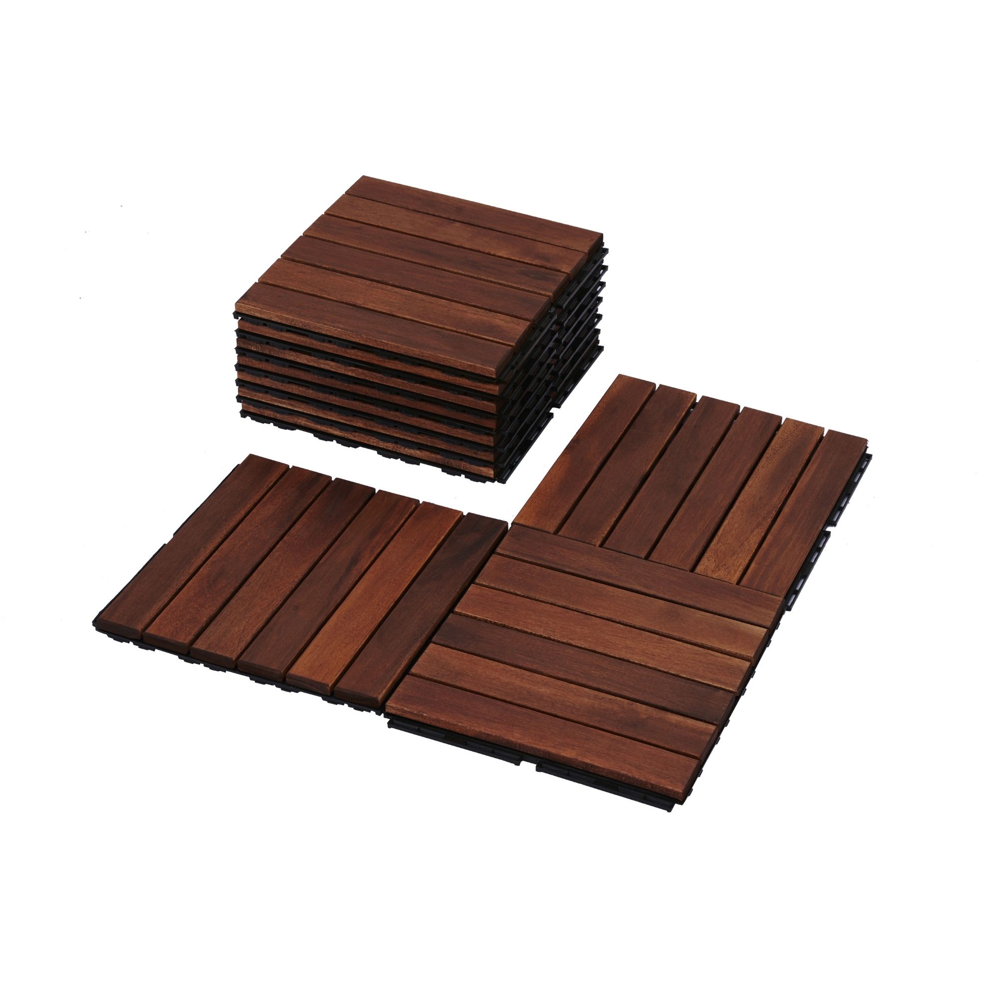 thumbnail video image 2 of 12"x12" Interlocking Wood Deck Tiles - Waterproof Acacia Wood Tiles for All Weather - Easy to Install for Balcony, Patio, Backyard, Indoor & Outdoor (Brown Striped Pattern, 30Pcs, Covers 30 Sq Ft), 2 of 9