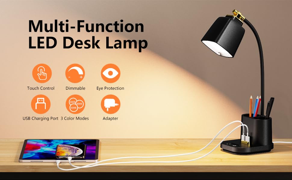 thumbnail video image 2 of LED Desk Lamp with USB Charging Port Touch Control 3 Color Modes, Stepless Dimming, Home Office Desk Lamp, LED Small Desk Lamp in University Dormitory, Study Desk Lamp, Gooseneck Lamp, 2 of 9