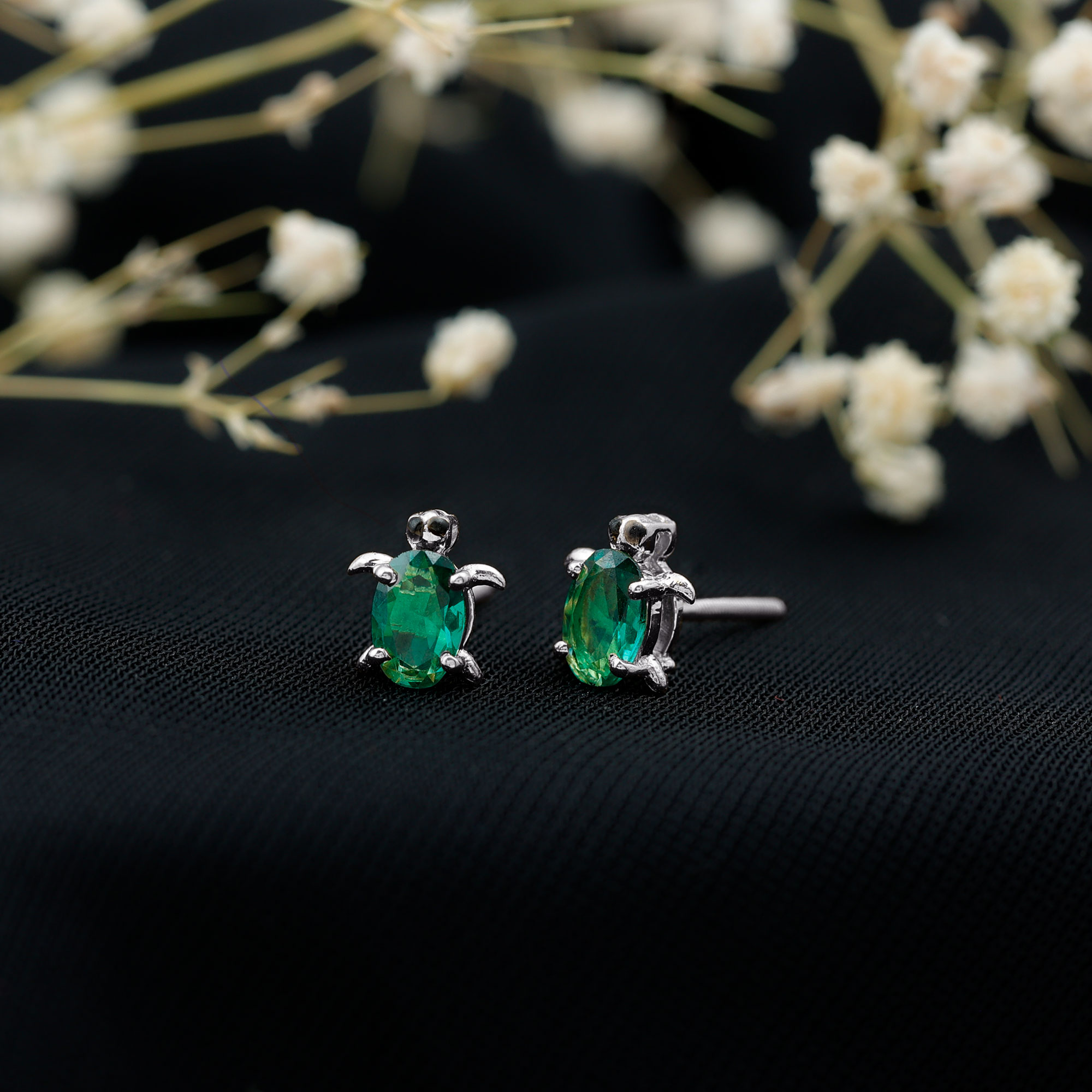 thumbnail video image 2 of Rosec Jewels Turtle Stud Earrings for Women, Oval Shape Lab Grown Emerald Solitaire Earrings, 10K White Gold, 2 of 7