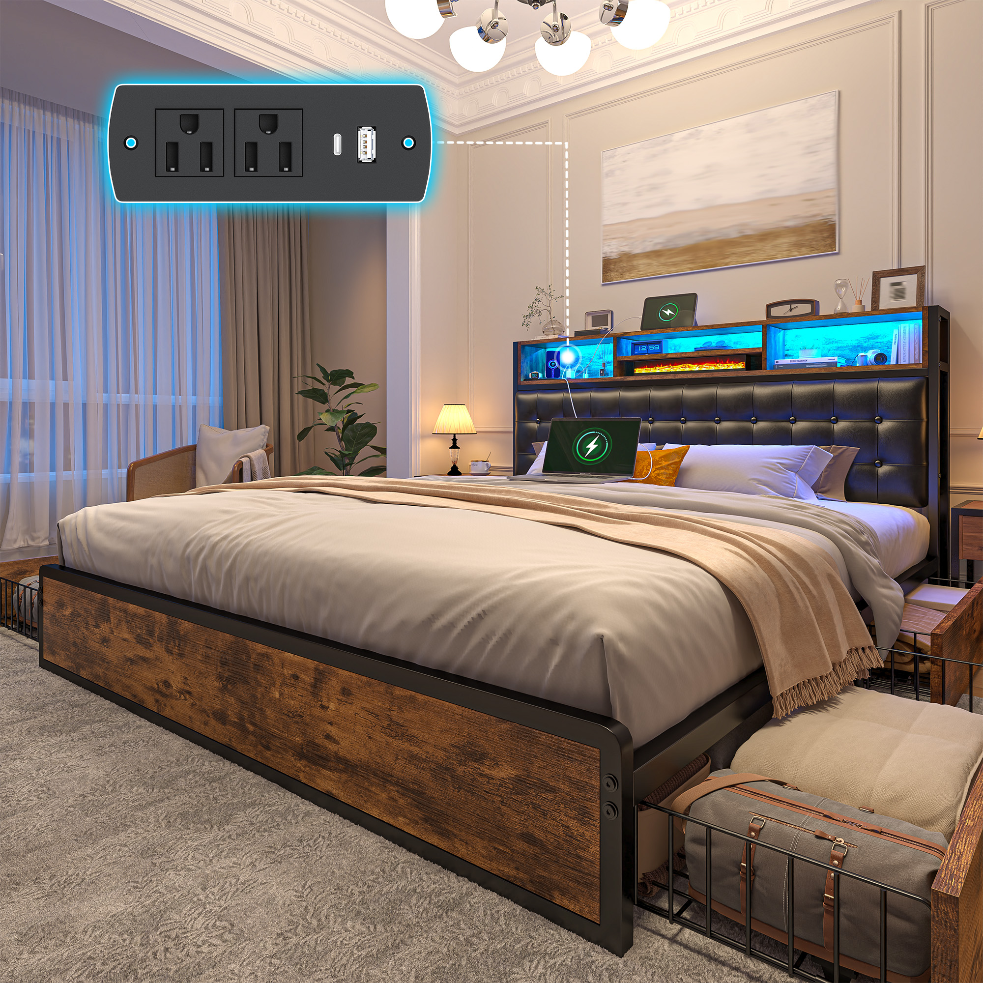 thumbnail video image 2 of EnHomee King Size Metal Bed Frame with 4 Drawers Meatal Bed Frame with Headboard Upholstered Bed Frame with Storage Bookcase & Charging Station & LED Light, 2 of 9