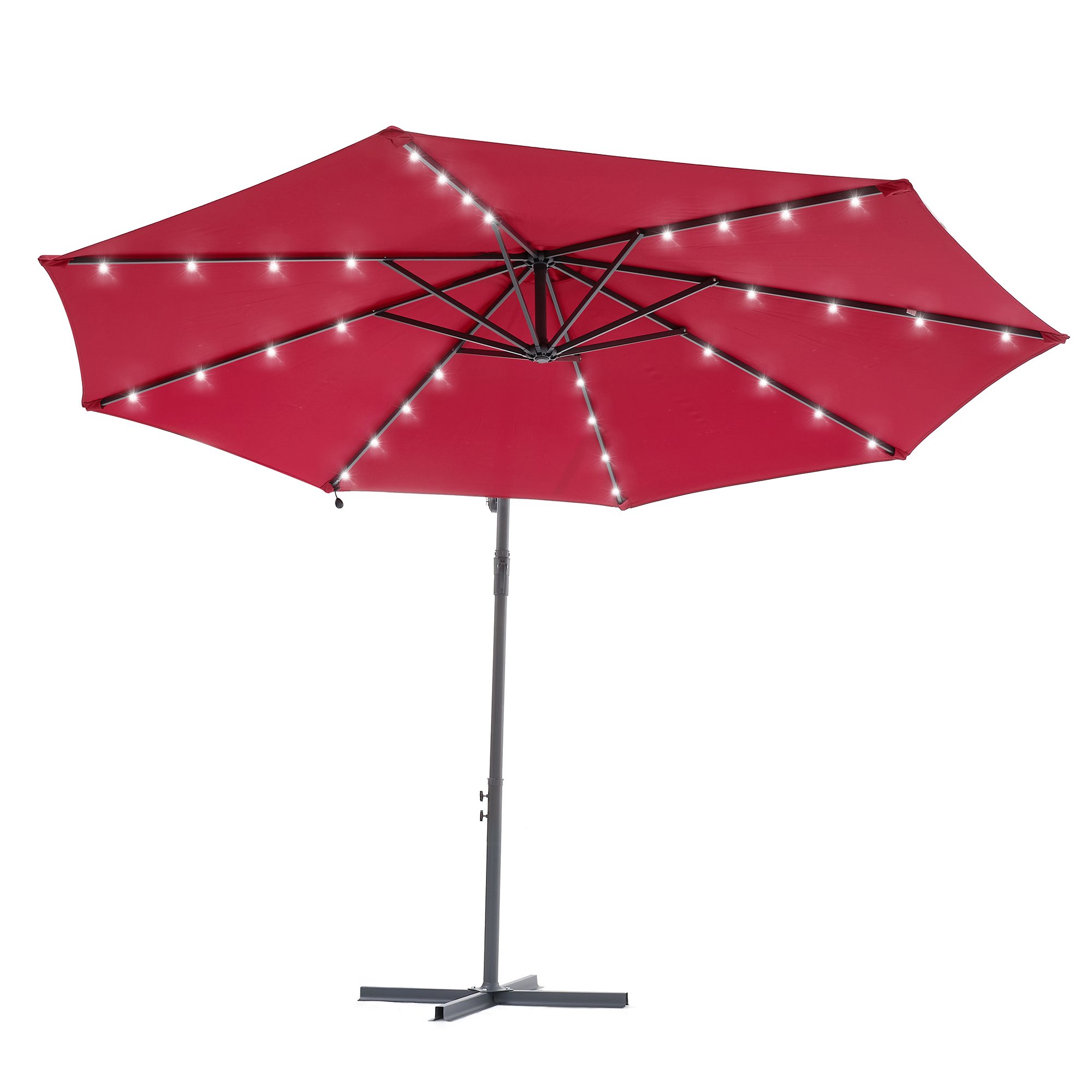thumbnail video image 2 of ACEGOSES 10ft 32 LED Outdoor Patio offset Umbrella, Solar Lighted Hanging Umbrella with 8 Ribs for Desk,Garden,Yard,Red, 2 of 10