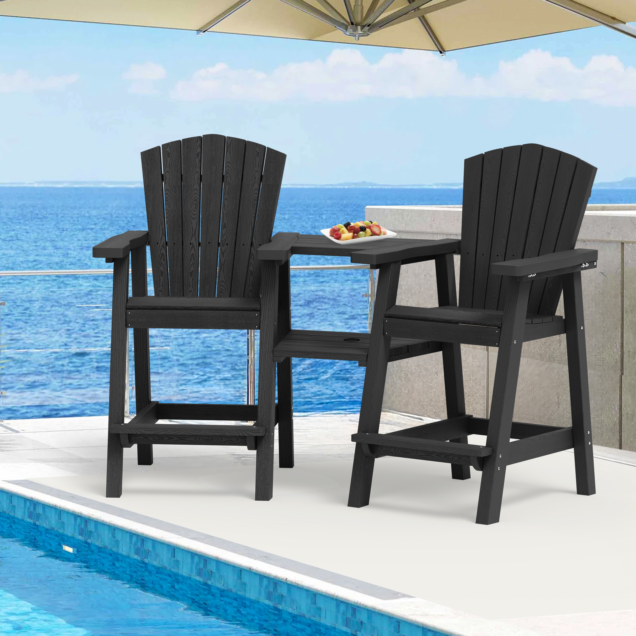thumbnail video image 2 of AreShark Tall Adirondack Chair Set of 2 with Removable Double Connecting Trays, Recycled HDPE with Wood Grain, Weather Resistant, Outdoor Adirondack Barstools, Blue, 2 of 10