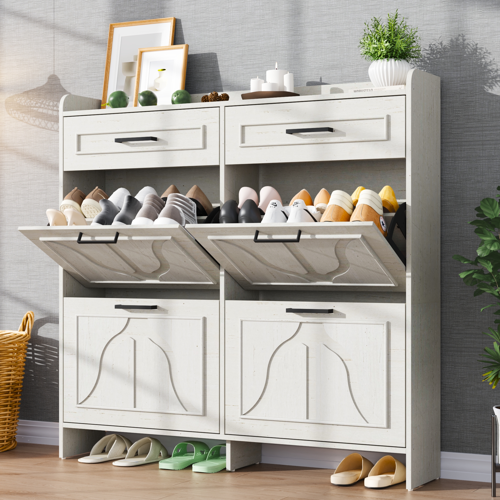 thumbnail video image 2 of Blotout Shoe Storage Cabinet with 4 Flip Drawers&2 Drawers, 47''W Freestanding Shoe Storage Cabinet with Adjustable Shelves, Hidden Narrow Shoe Rack Cabinet Storage for Entryway, Hallway, Living Room, 2 of 10