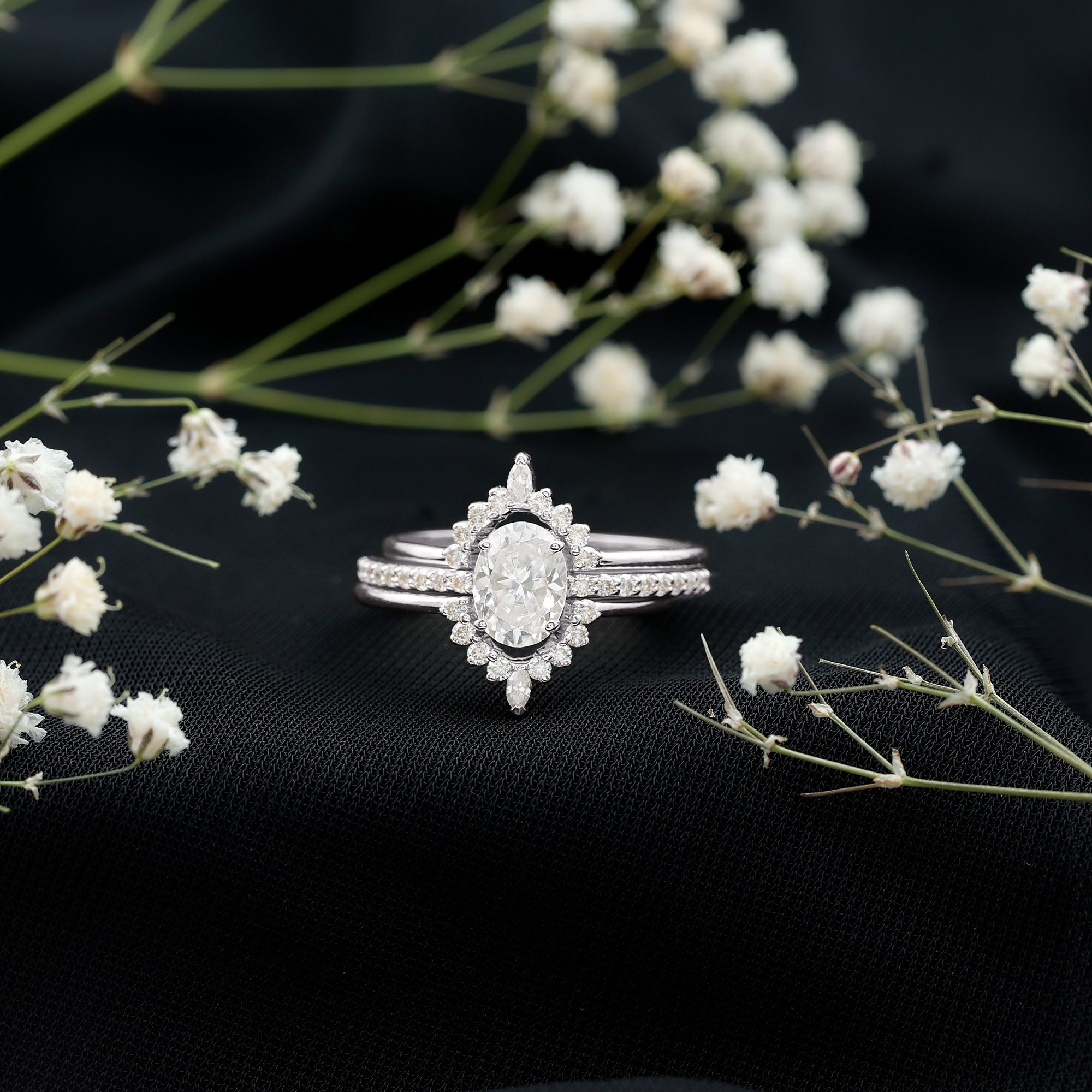 thumbnail video image 2 of Rosec Jewels Statement Moissanite Bridal Ring Set for Women - 6x8 mm - 1 Ct - D-VS1 Quality, 14K Yellow Gold, US 8.00, 2 of 9