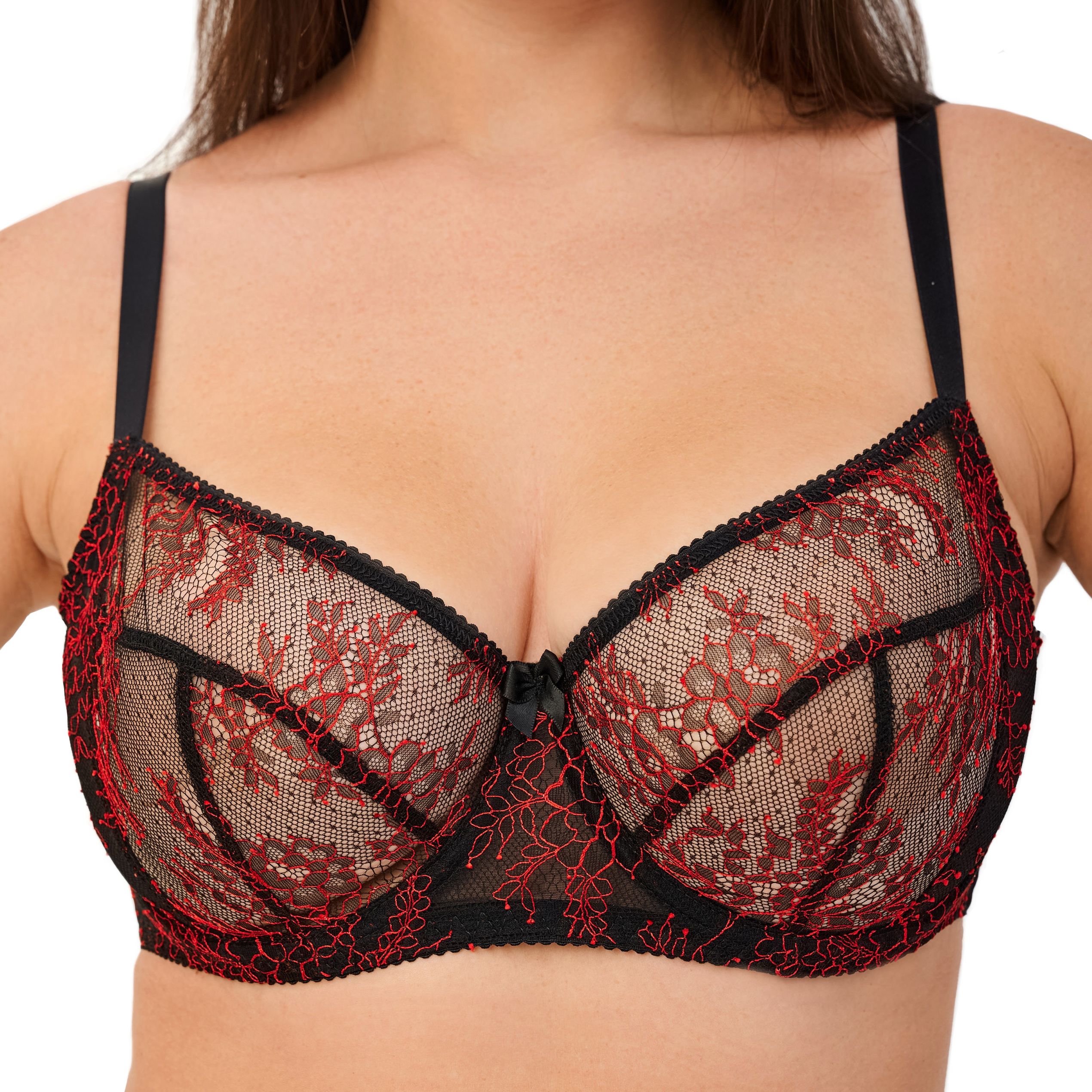 thumbnail video image 2 of Underwire Sheer Lace Bra Plus Size Lingerie Comfort Fit 32-42 B C D E F G H I ( 34F/DDD, Red/Black), 2 of 4