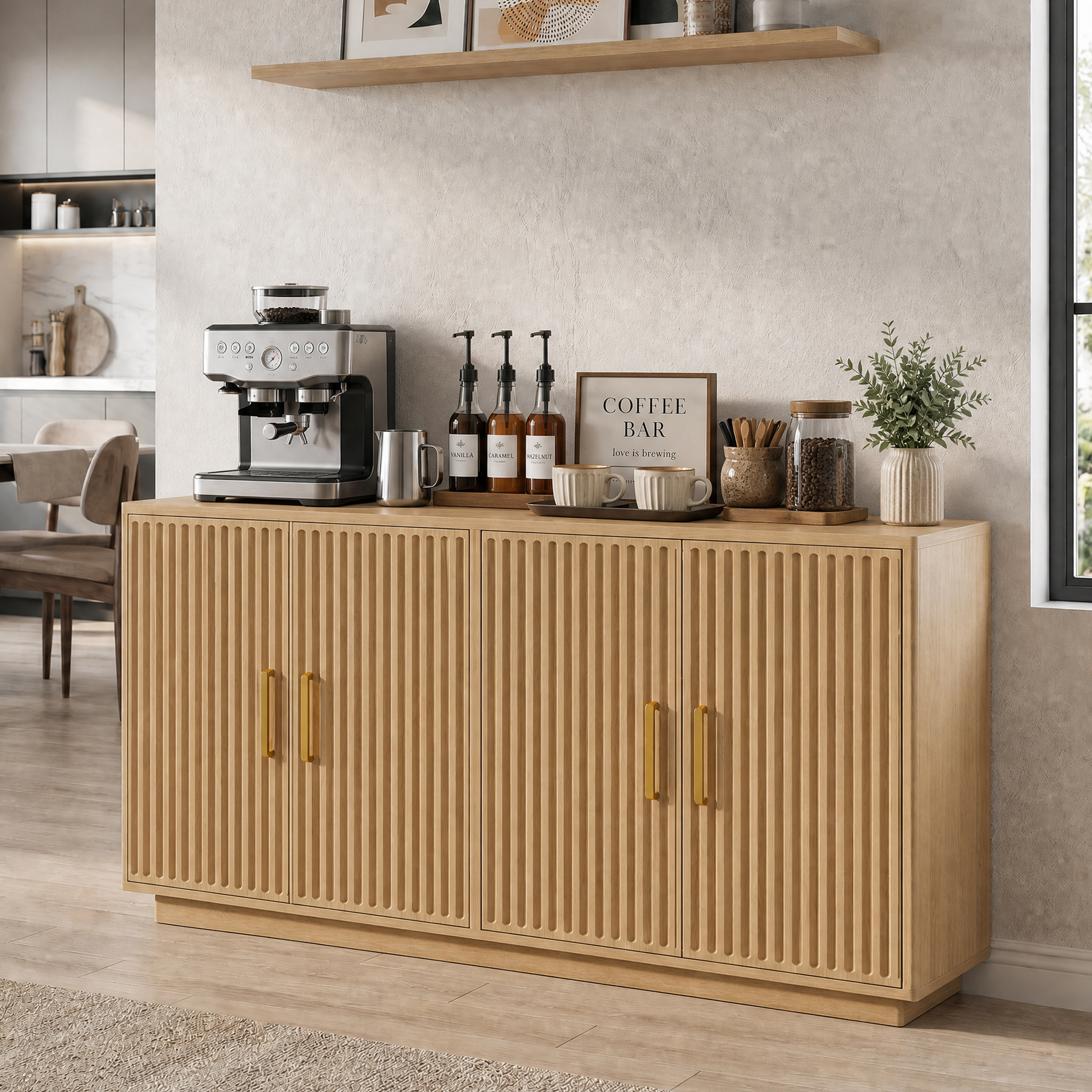 thumbnail video image 2 of 55in Buffet Cabinet, PAPROOS Modern Fluted Sideboard Cabinet with 4 Doors and Adjustable Shelf, Wooden Coffee Bar Cabinet Station for Dining Room Living Room, Natural, 2 of 11