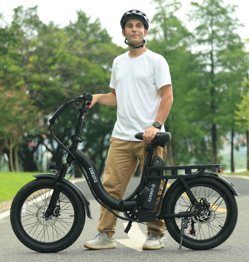 thumbnail video image 2 of ESKUTE Blue Electric Bike for Adults – 1200W Peak Motor, Folding 20x3 Fat Tire E‑Bike, 500W Motor 48V 10.4Ah Battery, Step‑Through Cargo Fold Ebike, NFC Unlock, 19.5 MPH, 7‑Speed, Up to 55 Miles, 2 of 9