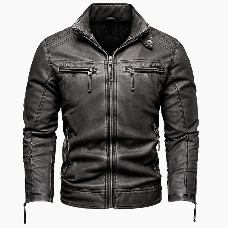 thumbnail video image 2 of Men's retro thickened jacket multi-pocket coat stand-up collar PU leather jacket plus size jacket motorcycle suit, 2 of 8
