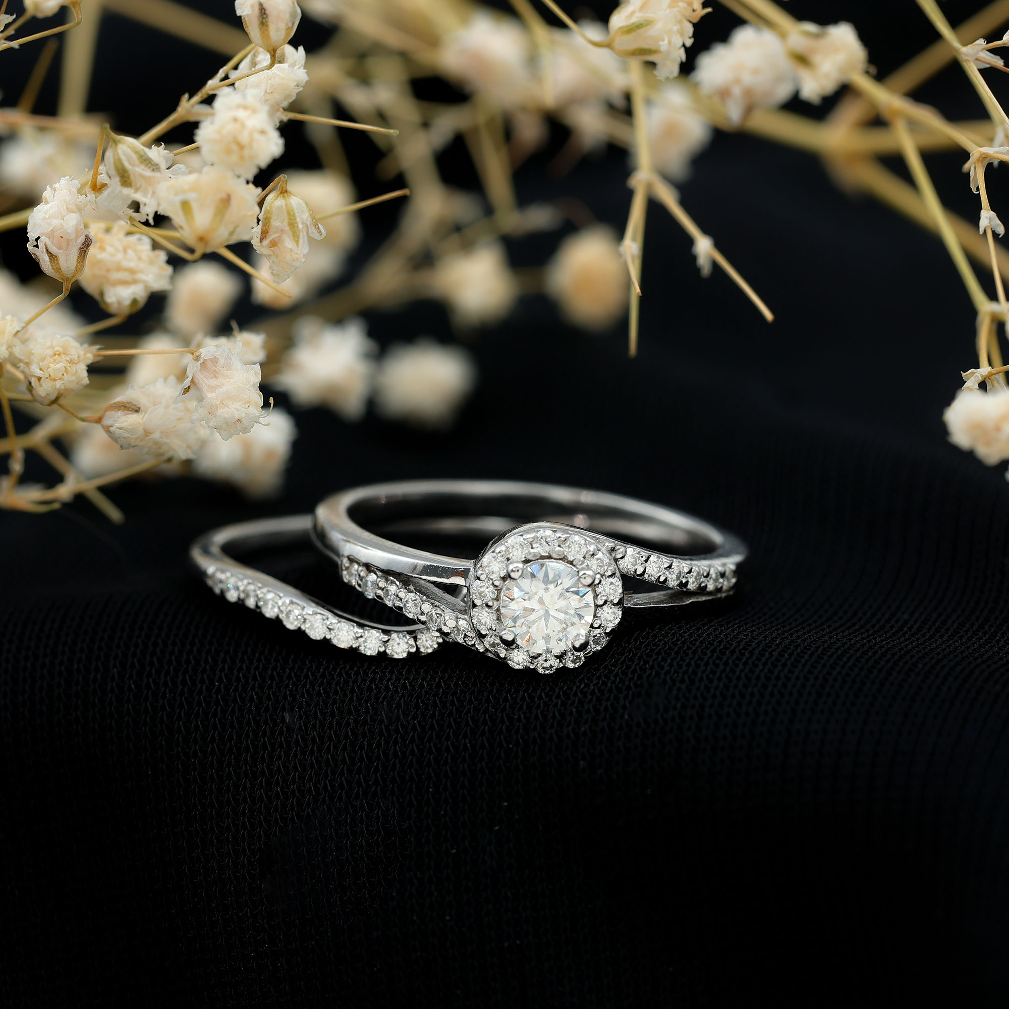 thumbnail video image 2 of Rosec Jewels 925 Sterling Silver Wedding Ring Set - D-VS1 Quality Certified Moissanite Bypass Engagement Ring with Band, US 6.00, 2 of 8