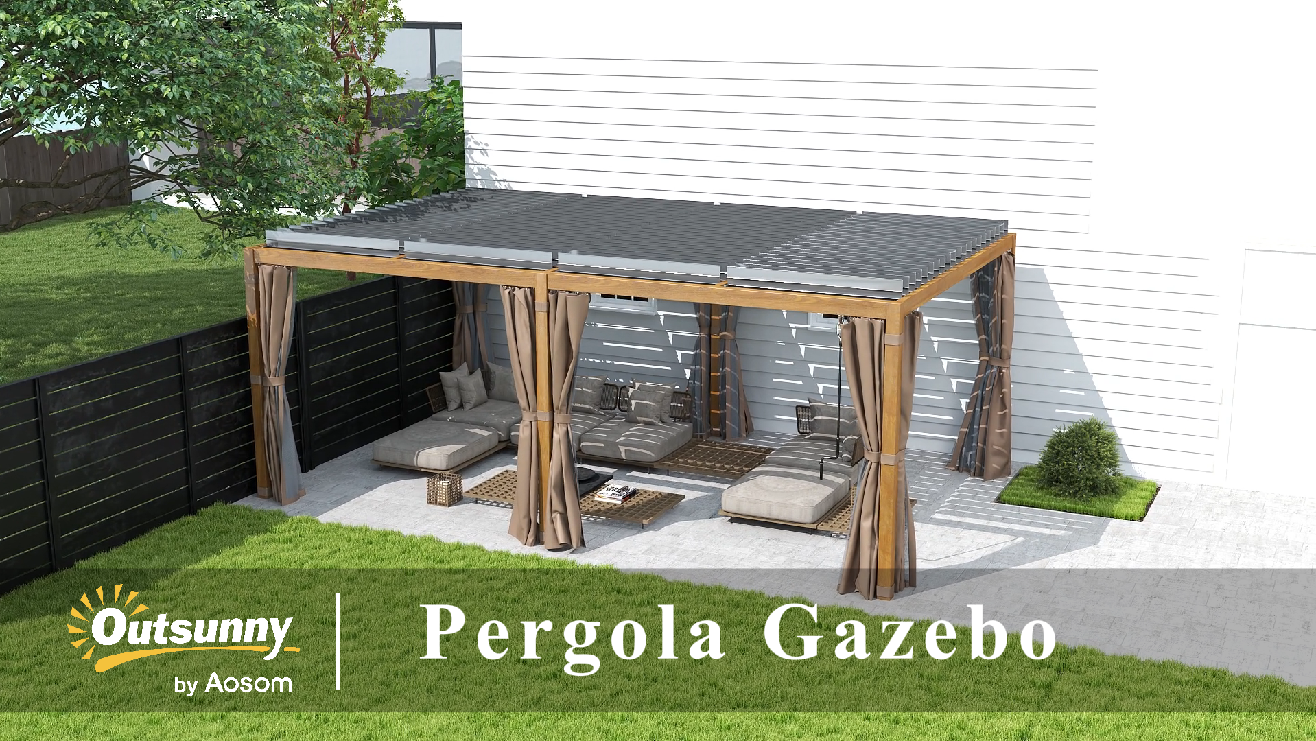 thumbnail video image 2 of Outsunny 12'x19' Aluminum Pergola with Adjustable Louvered Roof, Natural, 2 of 10