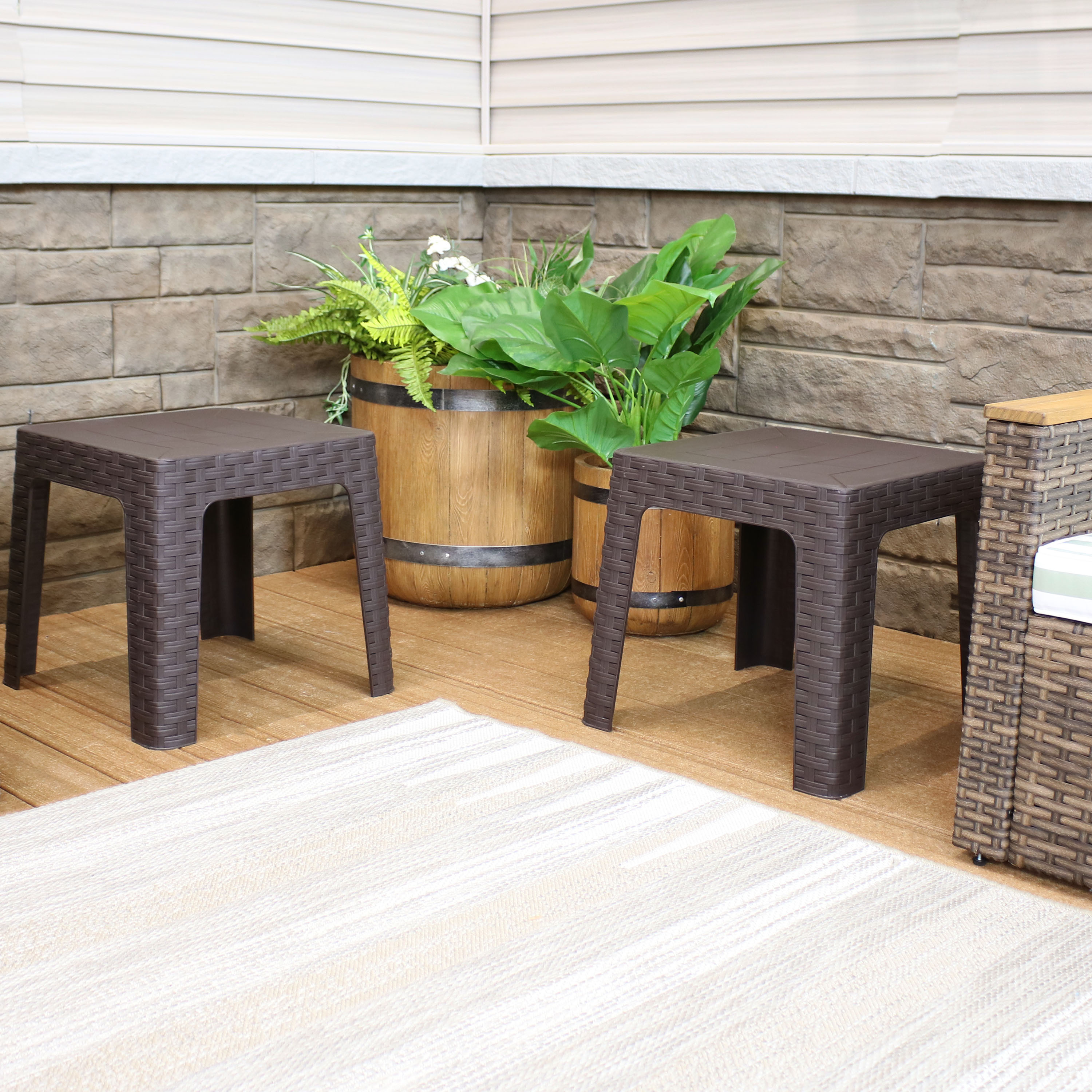 thumbnail video image 2 of Sunnydaze Outdoor Contemporary Plastic Square End Table, Brown (Set of 2), 2 of 12