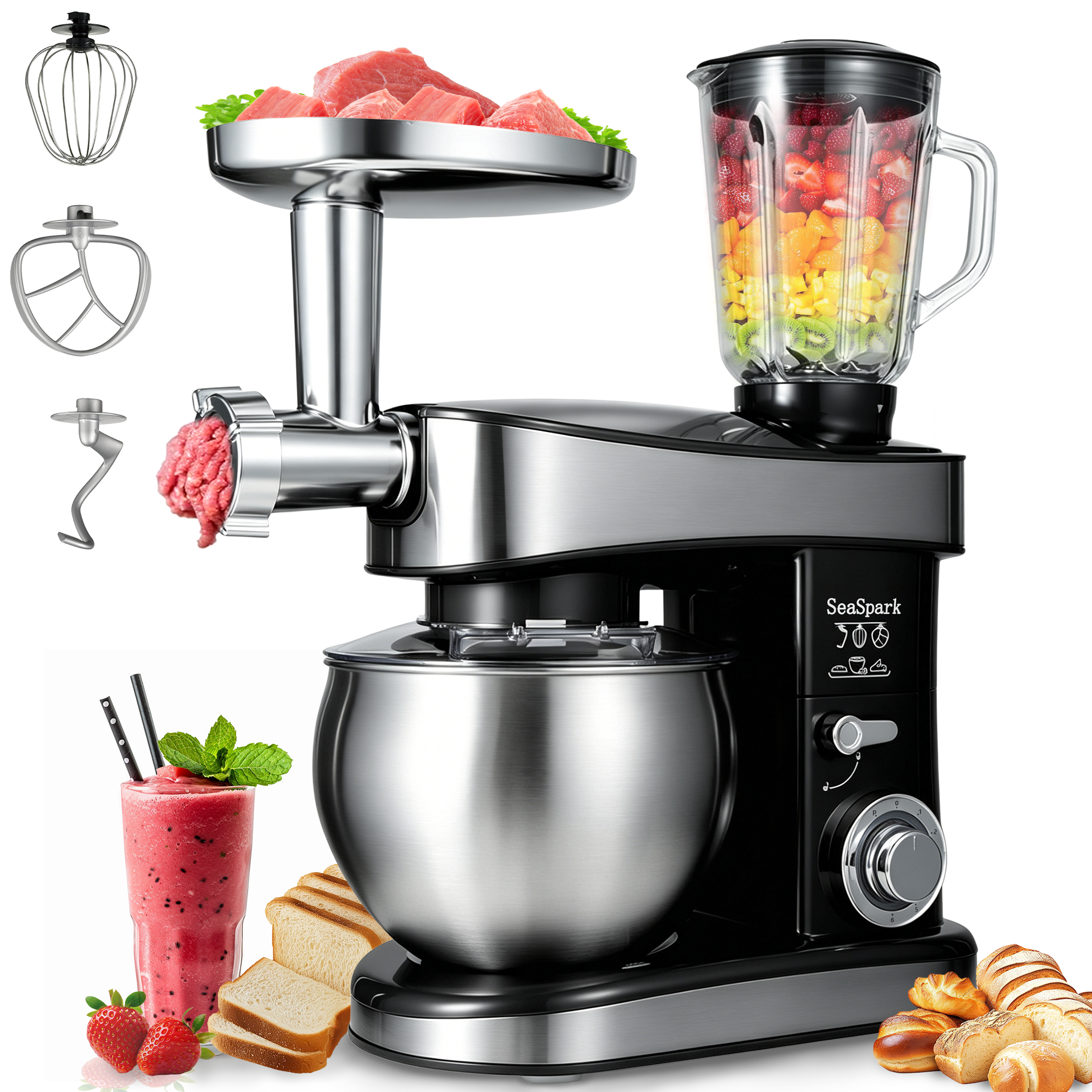 thumbnail video image 2 of SeaSpark 6 in 1 Multifunctional Stand Mixer with 6.3 QT Stainless Steel Bowl, 6 Speed Tilt-Head Meat Grinder, Juice Blender, Pasta, Black, 2 of 8