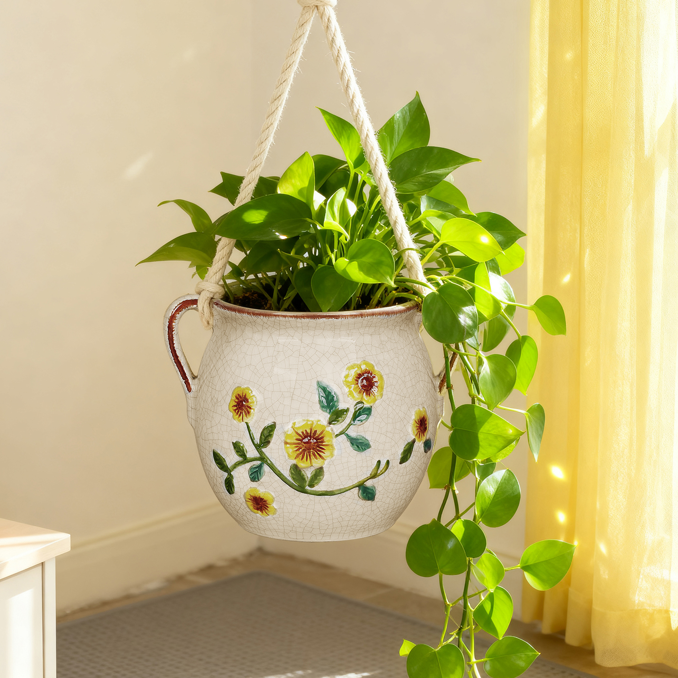 thumbnail video image 2 of EFISPSS 6 inch vintage ceramic flower pot with relief design & handles， plant pot with drainage hole，sunflower home garden decor, 2 of 8