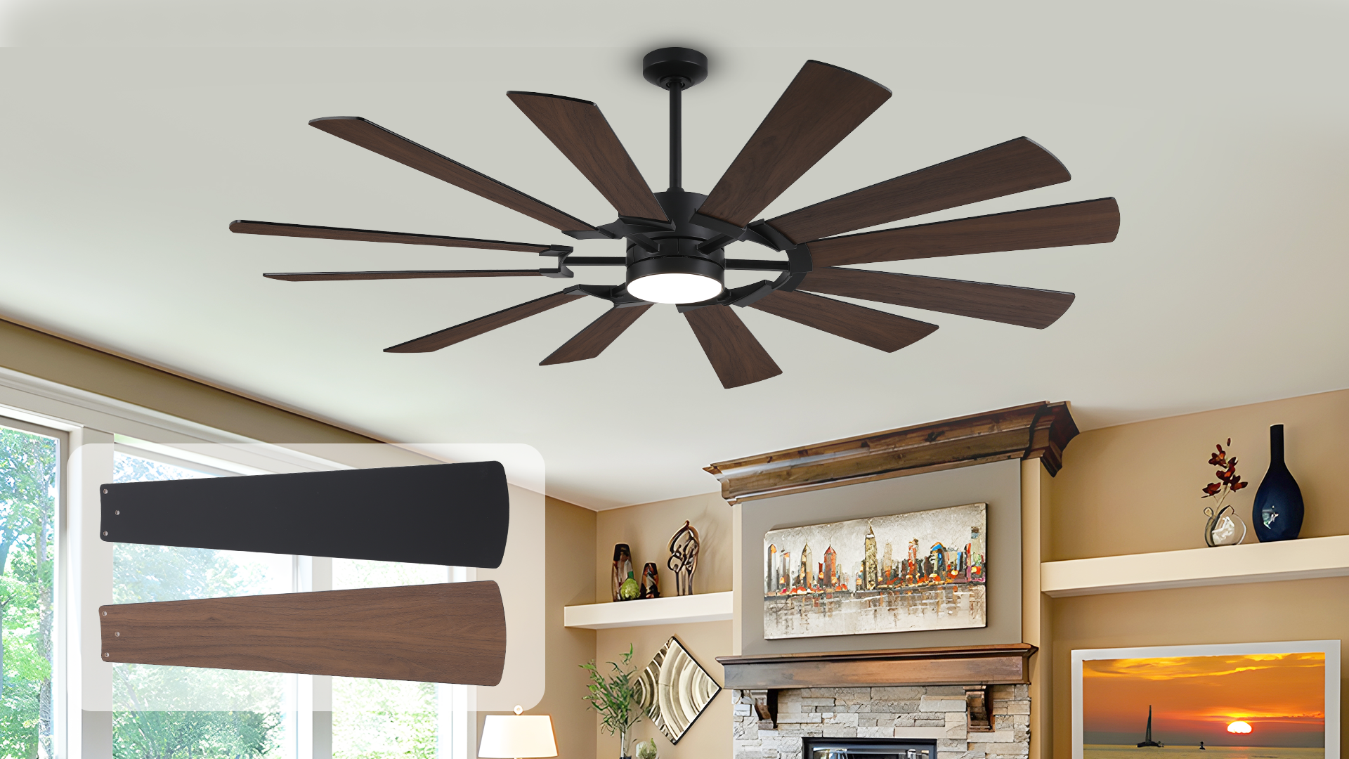 thumbnail video image 2 of 72 inch Large Outdoor Ceiling Fans for Patios with Light, Modern Industrial Quiet DC Wind-mill Fan with Remote, 12 Dual Finish Blades, 3CCT Dimmable, Indoor Outside Patios Porch Living Room, 2 of 15