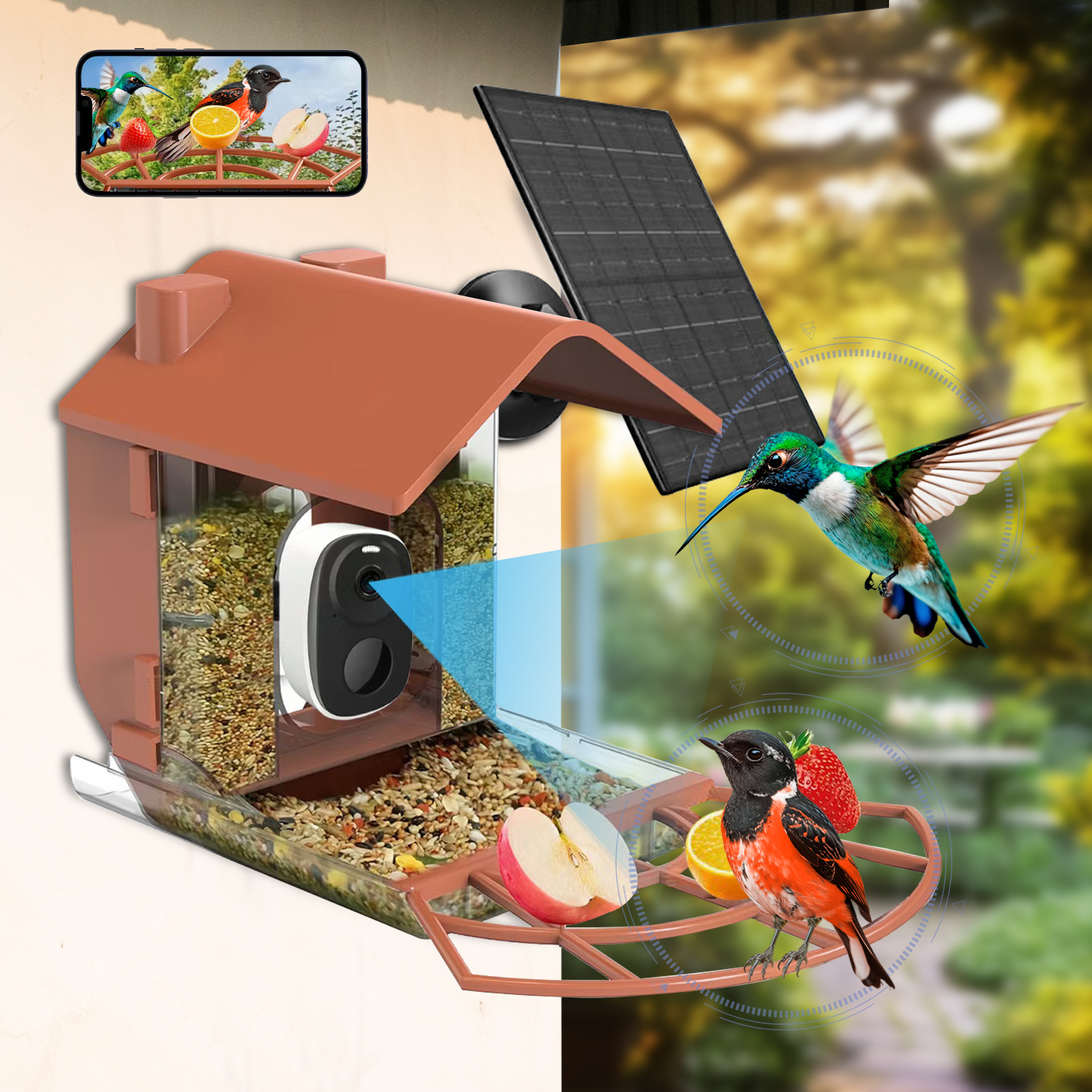 thumbnail video image 2 of Bird Feeder with Camera，Bird Watching Camera with Solar Panel，AI Identify Birds Species , Smart Bird House with Cam, 2K Live View, Instant Arrival Alerts, 2 of 7