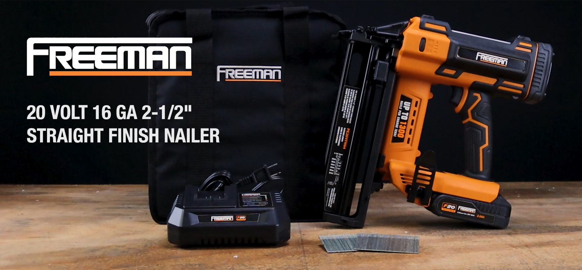 thumbnail video image 2 of Freeman PE20VT64 20 Volt Cordless 16-Gauge 2-1/2" Straight Finish Nailer (Tool Only) – 1300 Shots per Charge, 2 of 7
