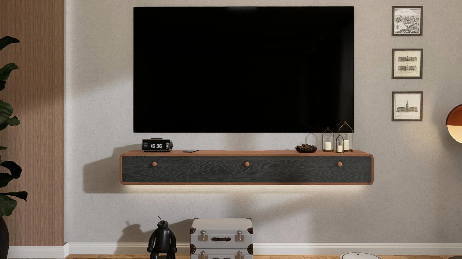 thumbnail video image 2 of FloatiCasa 70-Inch Floating TV Stand, Wall Mounted Floating TV Shelf, for TVs up to 75", Red Oak Veneer, 2 of 13