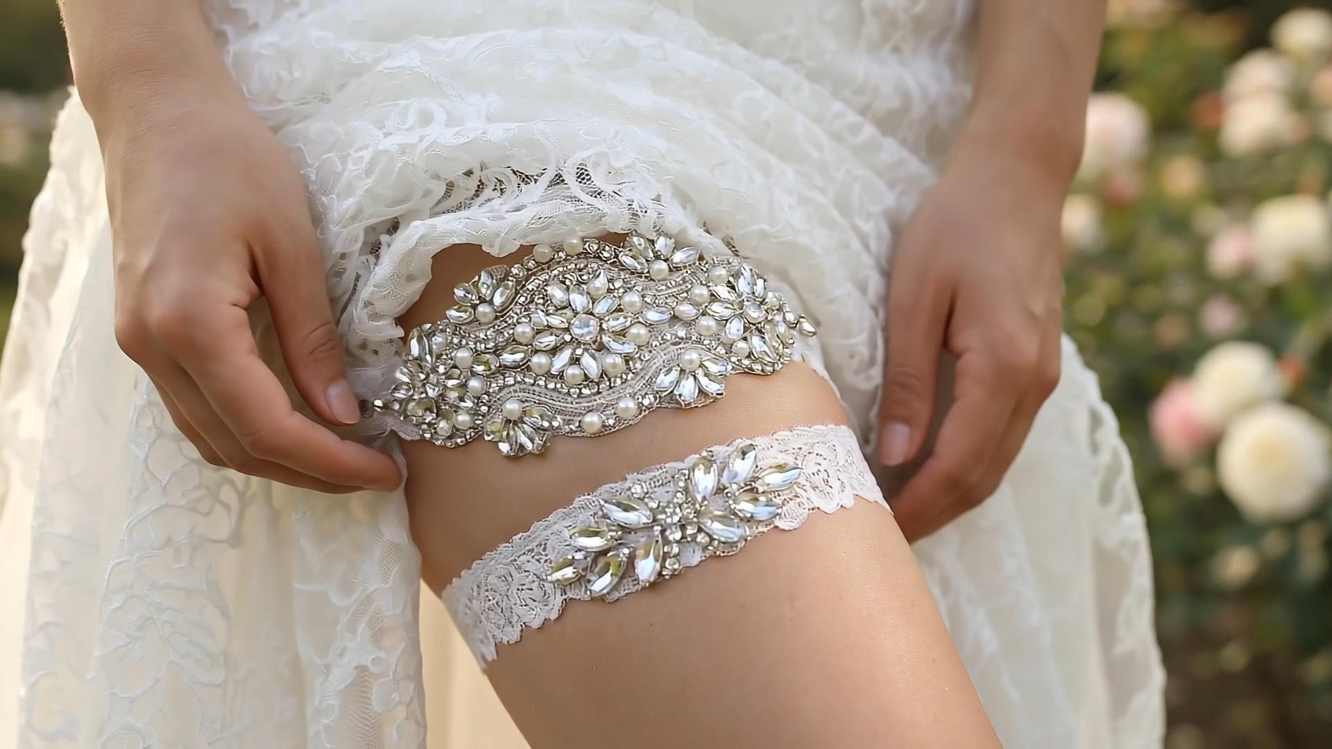 thumbnail video image 2 of Miallo Luxury Rhinestone and Pearl Wedding Garter Set for Bride, 2-Pack White Lace Bridal Garters with Sparkling Crystals, Wedding Shower Gift for Her, 2 of 7