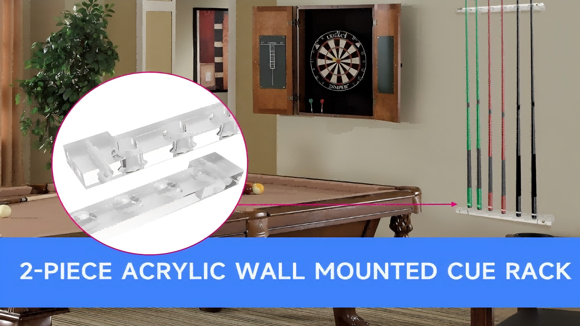 thumbnail video image 2 of GSE Games & Sports Expert 2-Piece Acrylic Wall Mounted Billiard Cue Rack. Pool Cue Stick Rack with Screw Fitting for Game Room, Home, Bar - 8 Pool Cue, 2 of 8