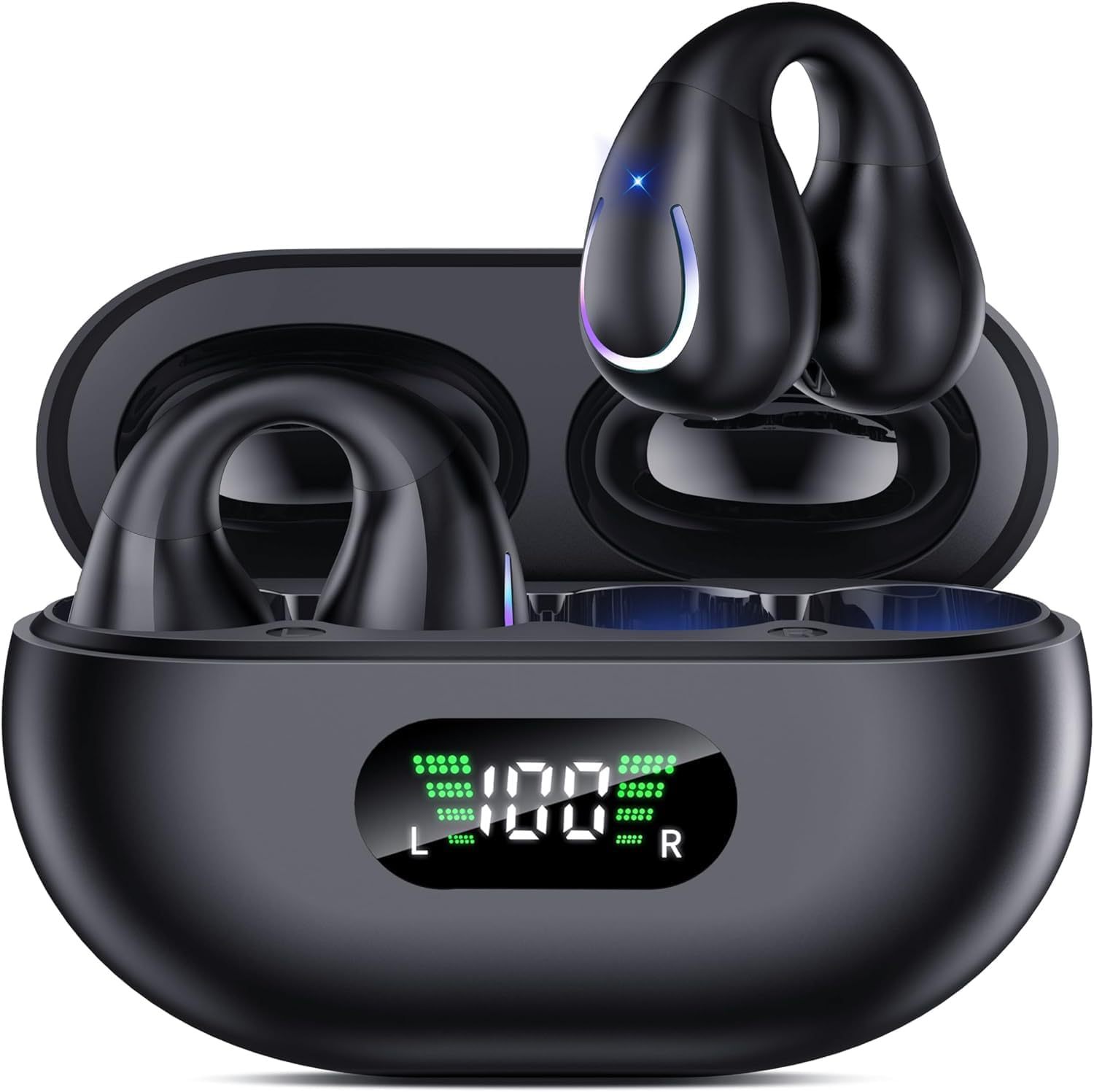 thumbnail video image 2 of Open Ear Bone Conduction Headphones Bluetooth 5.3 Clip On Earbuds with Digital Display Charging Case 60 Hours Playtime Sport Earphones Built-in Mic IPX7 Waterproof for Running Fitness, 2 of 13