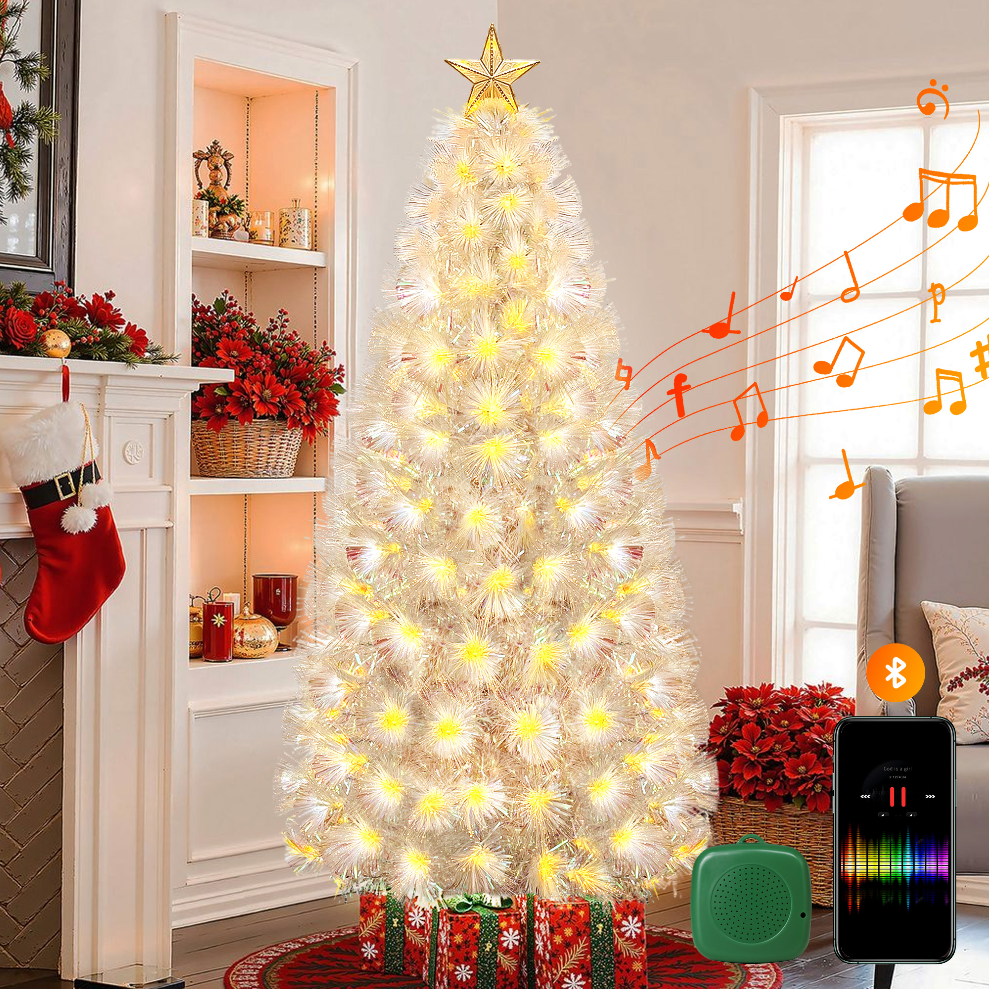 thumbnail video image 2 of GVDV 4.5ft Pre-Lit Christmas Tree, Artificial Christmas Tree with Bluetooth Speaker, 11 Modes LED Lights & Top Star,  Holiday Home Xmas Decoration, 2 of 10