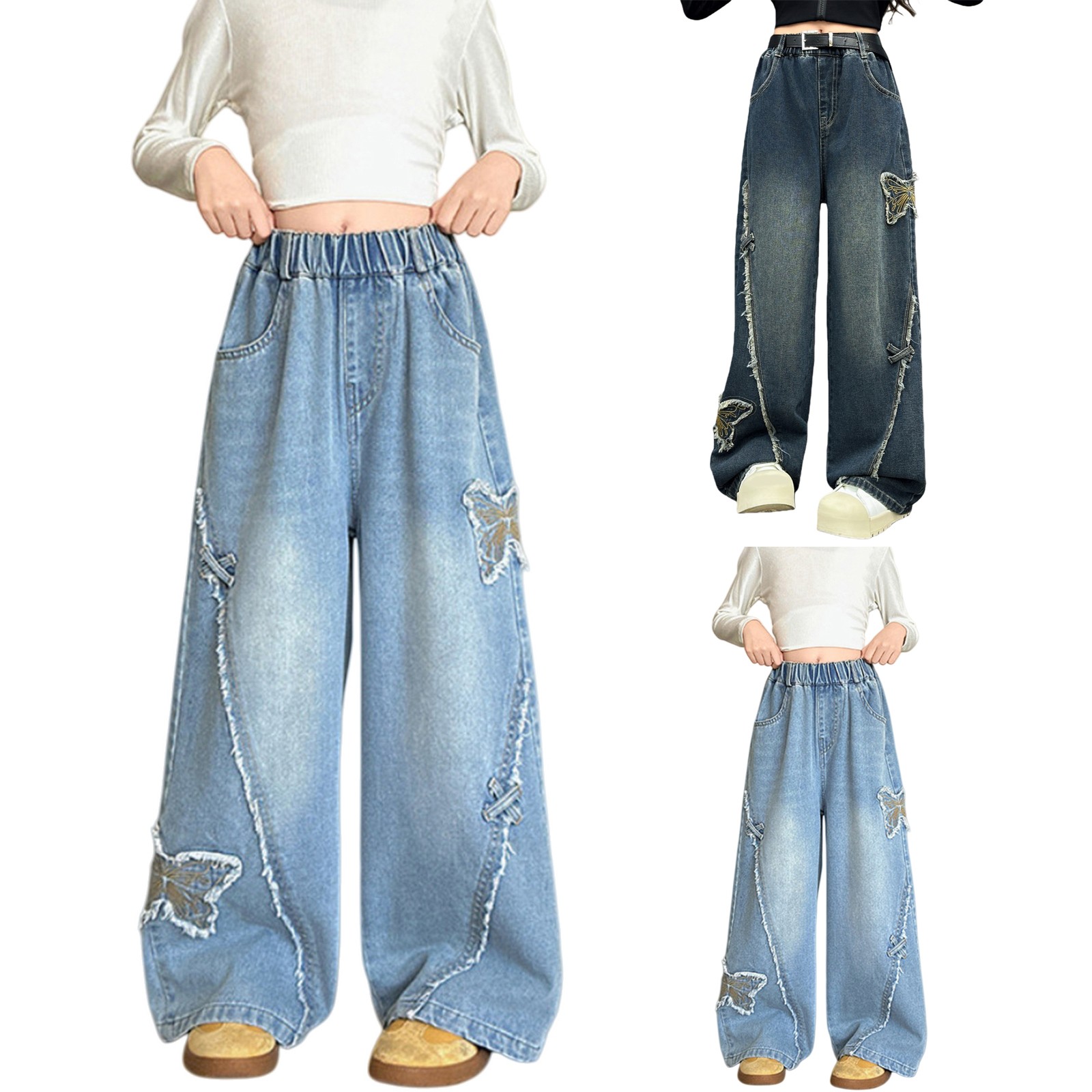 thumbnail video image 2 of JLMSPLWG Preppy Jeans for Kids Wide-Leg Jean Butterfly Embroidery Patchwork Teen Girls Vintage High Waist Patchwork Pants Streetwear Tween Girls Personalized Cargo Denim Jeans Toddler Girl Clothes, 2 of 3