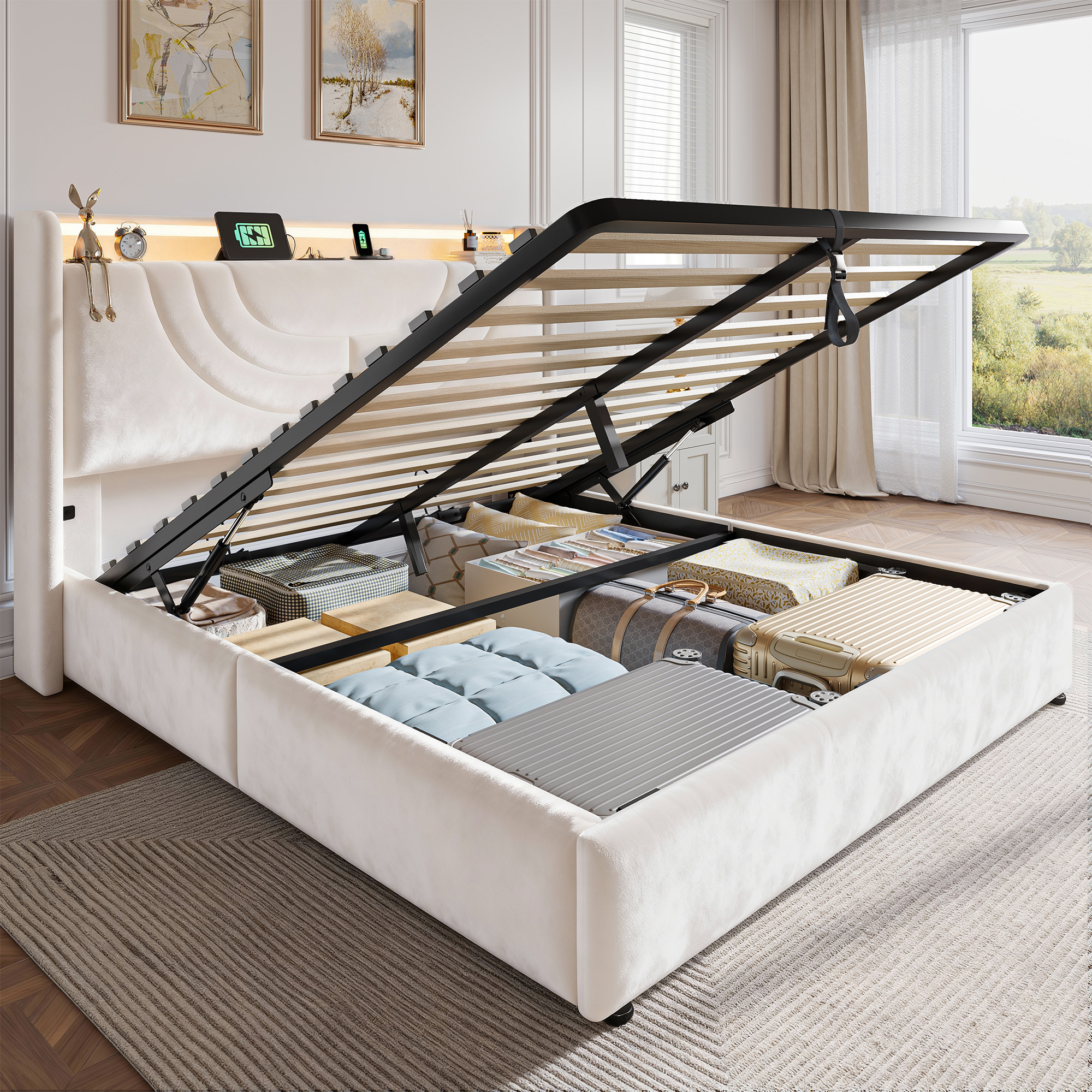 EnHomee Lift up Storage Bed with Headboard Queen Size Bed Frame with ...