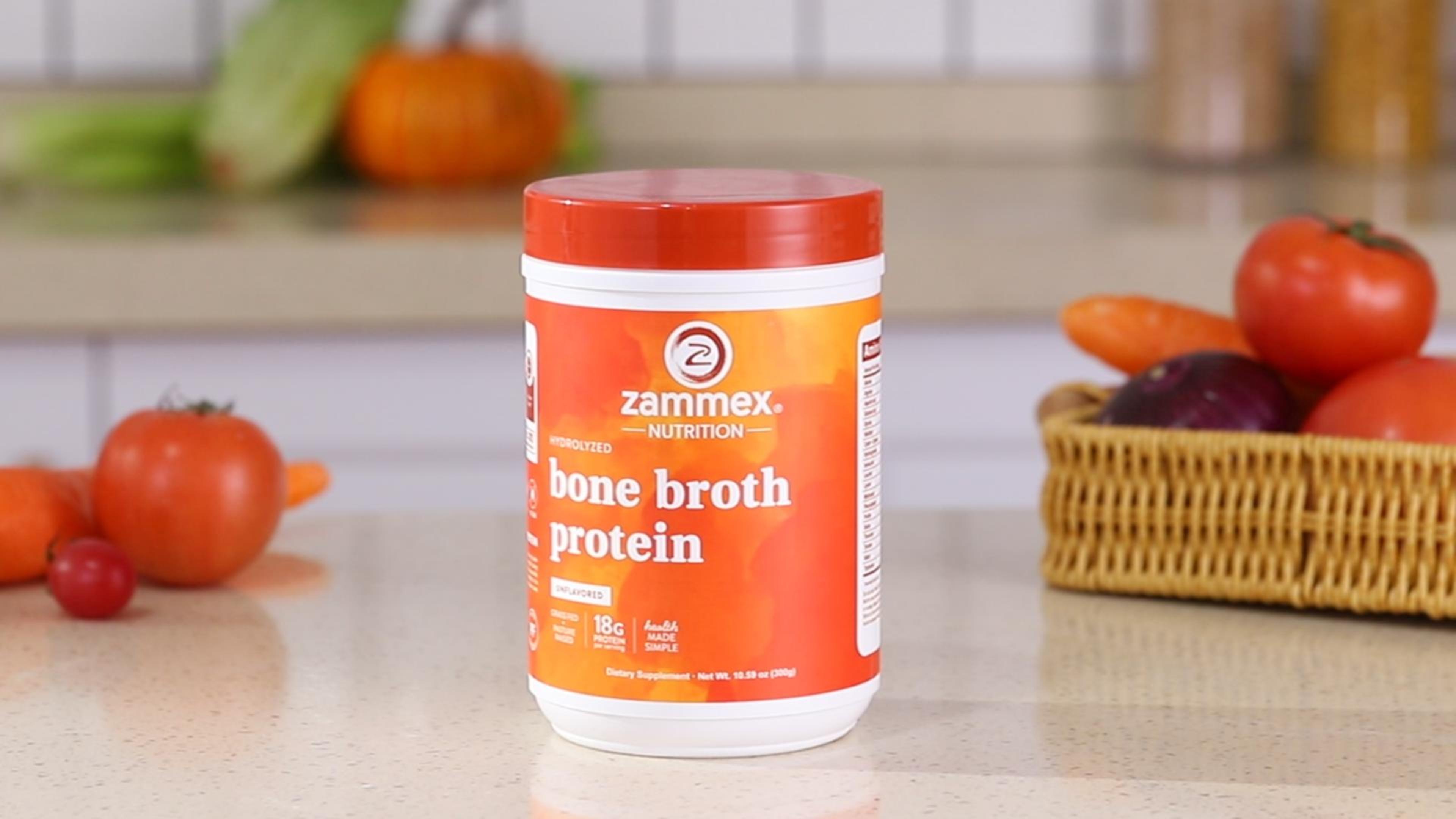 thumbnail video image 2 of Zammex Bone Broth Protein Powder Grass Fed Beef, Natural Flavor, 10.59 oz, 18g Protein Hydrolyzed Collagen Type I & III,Dietary Supplement,Non-GMO,Gluten Free,Paleo & Keto Friendly, 2 of 10