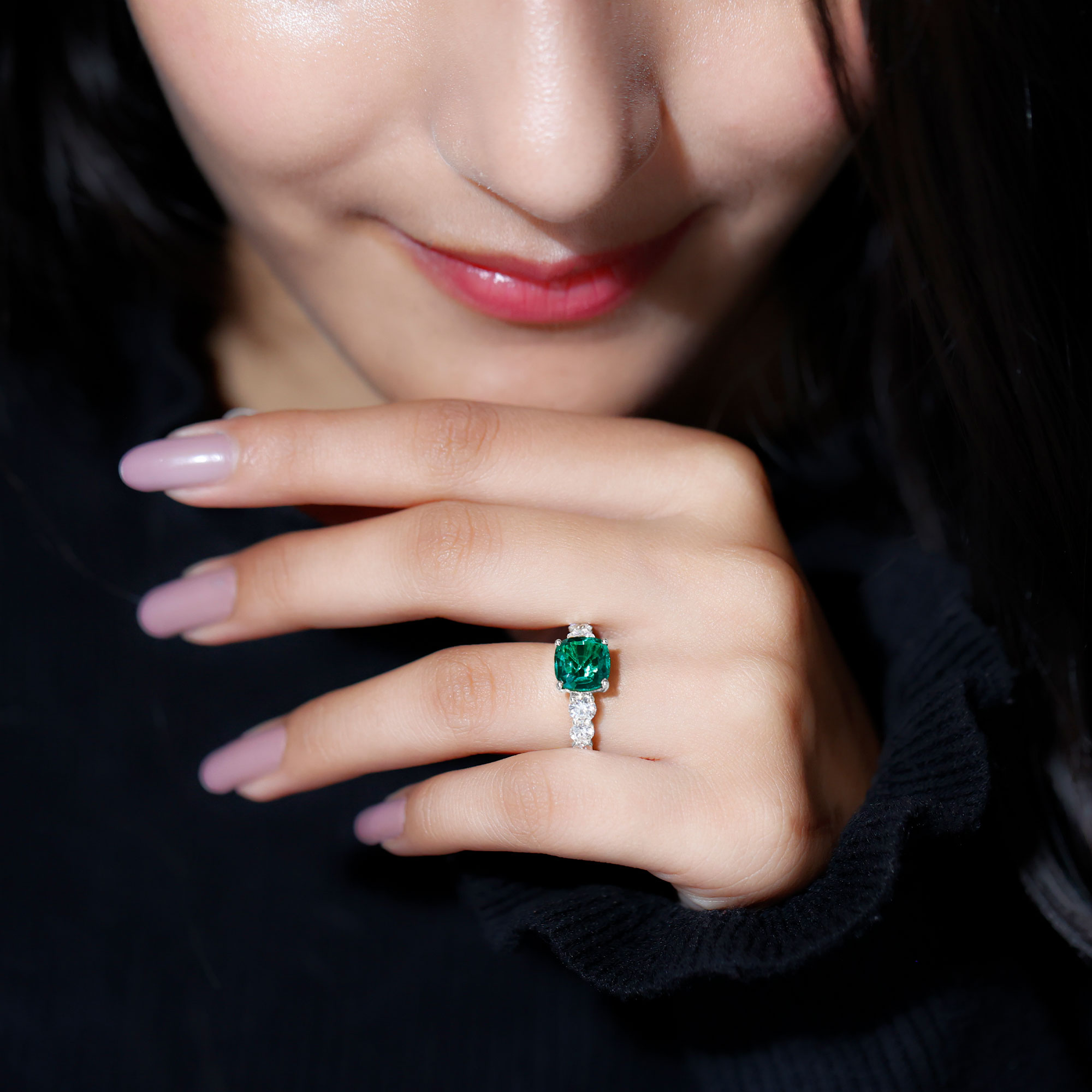 thumbnail video image 2 of Rosec Jewels Lab Created Emerald Solitaire Ring with Moissanite Side Stones for Women - 8 mm, 14K Yellow Gold, US 6.00, 2 of 7