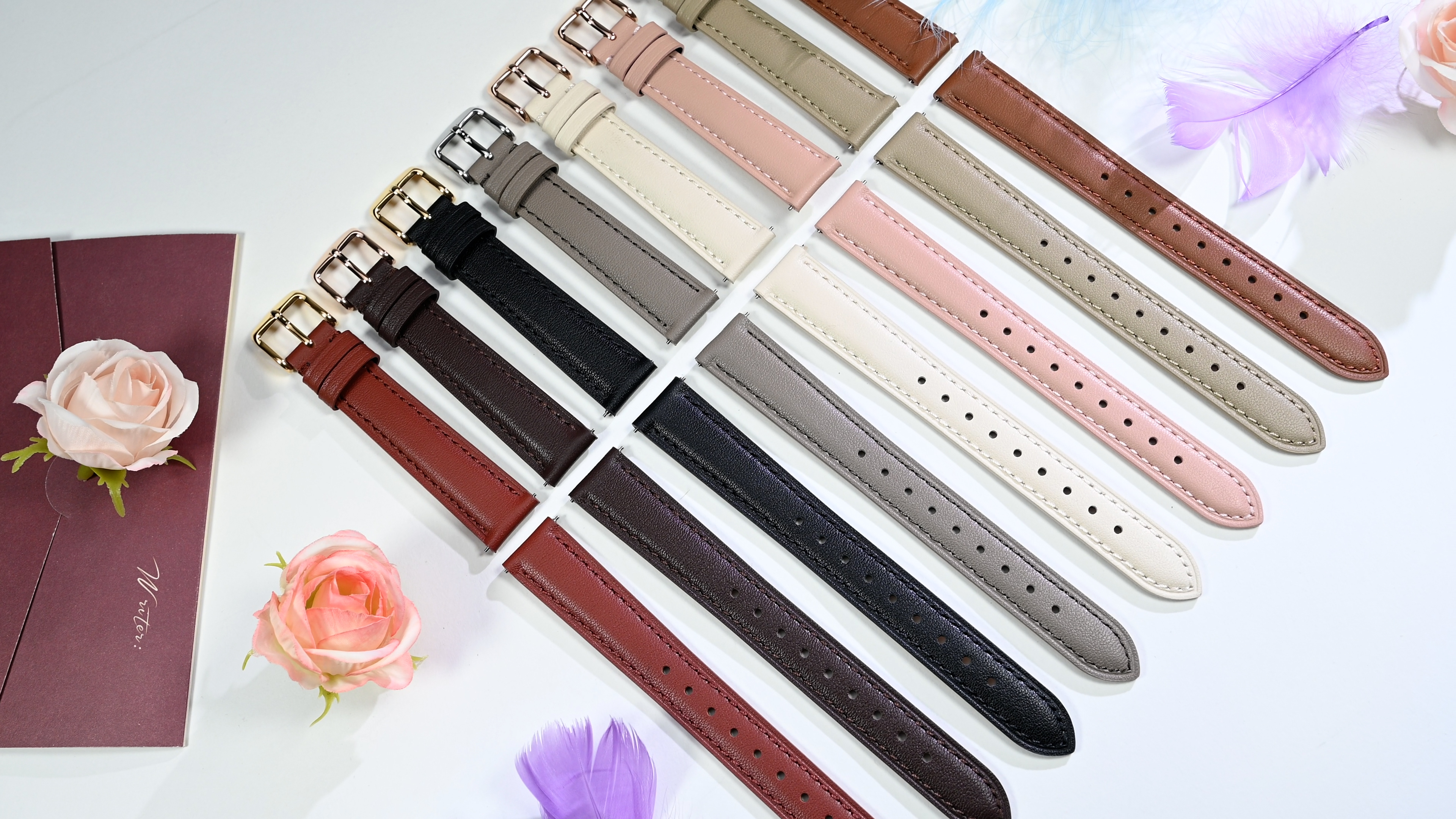 thumbnail video image 2 of ANBEER 18mm Flat Thin Elegant Genuine Leather Watch Strap,Quick Release Replacement Watch Band,Khaki with Rosegold Buckle, 2 of 8