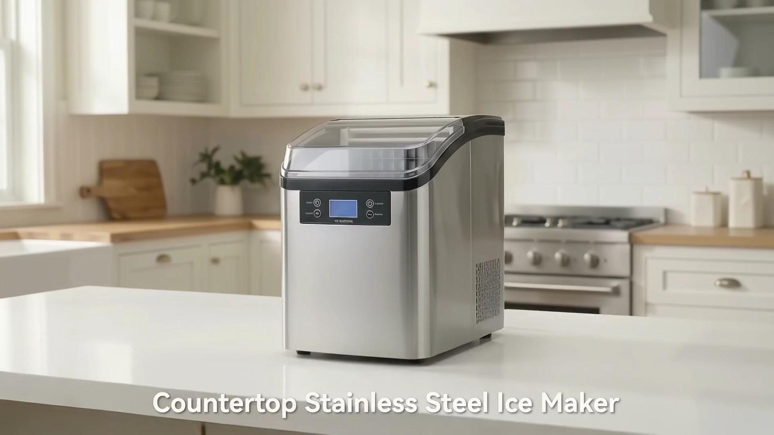 thumbnail video image 2 of BOSSIN 44lbs/24H Nugget Ice Maker Countertop, 13-Level Adjustable Chewable Pellet Ice Machine with Self-Cleaning, Stainless Steel, 2 of 9