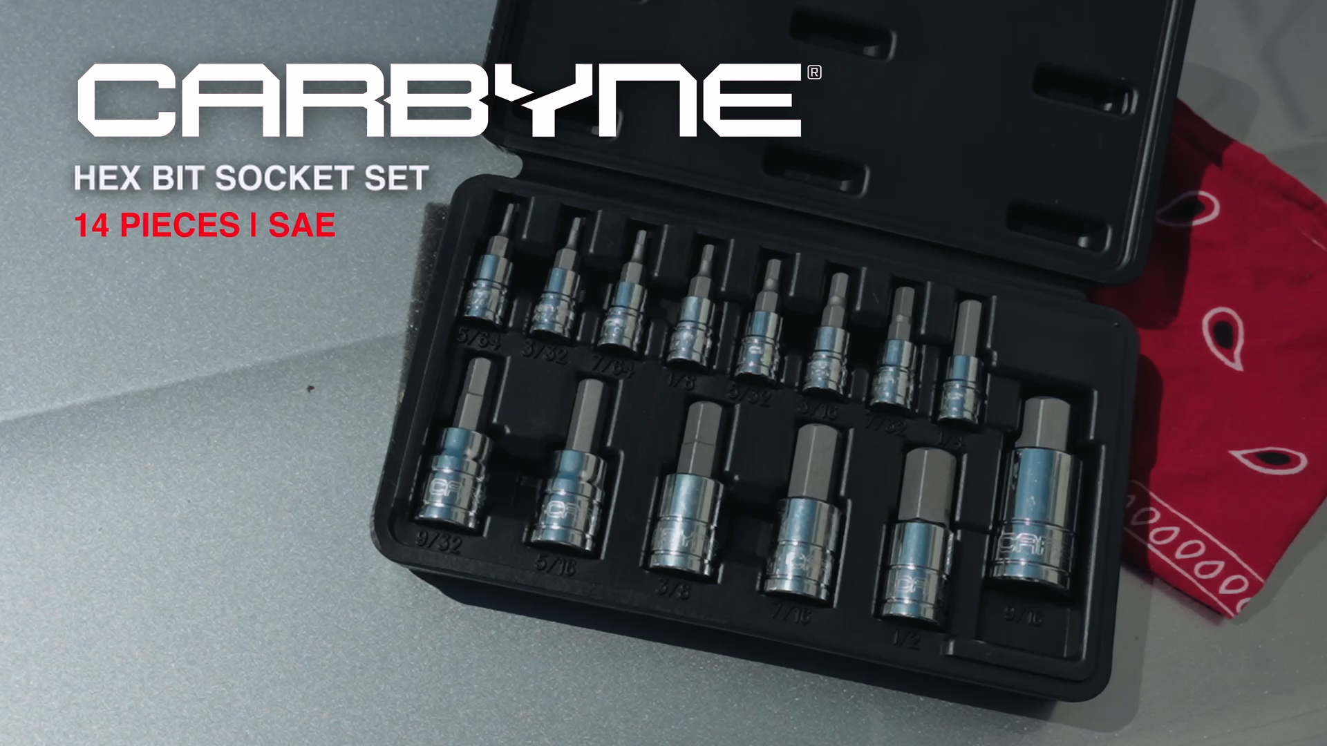 thumbnail video image 2 of CARBYNE 14 Piece Hex Bit Socket Set - SAE, 5/64" to 9/16" Sizes, S2 Steel Bits, Zinc Phosphate Bit Finish, Chrome Vanadium Steel Sockets, 1/4", 3/8" & 1/2" Drive with Durable Storage Case, 2 of 9