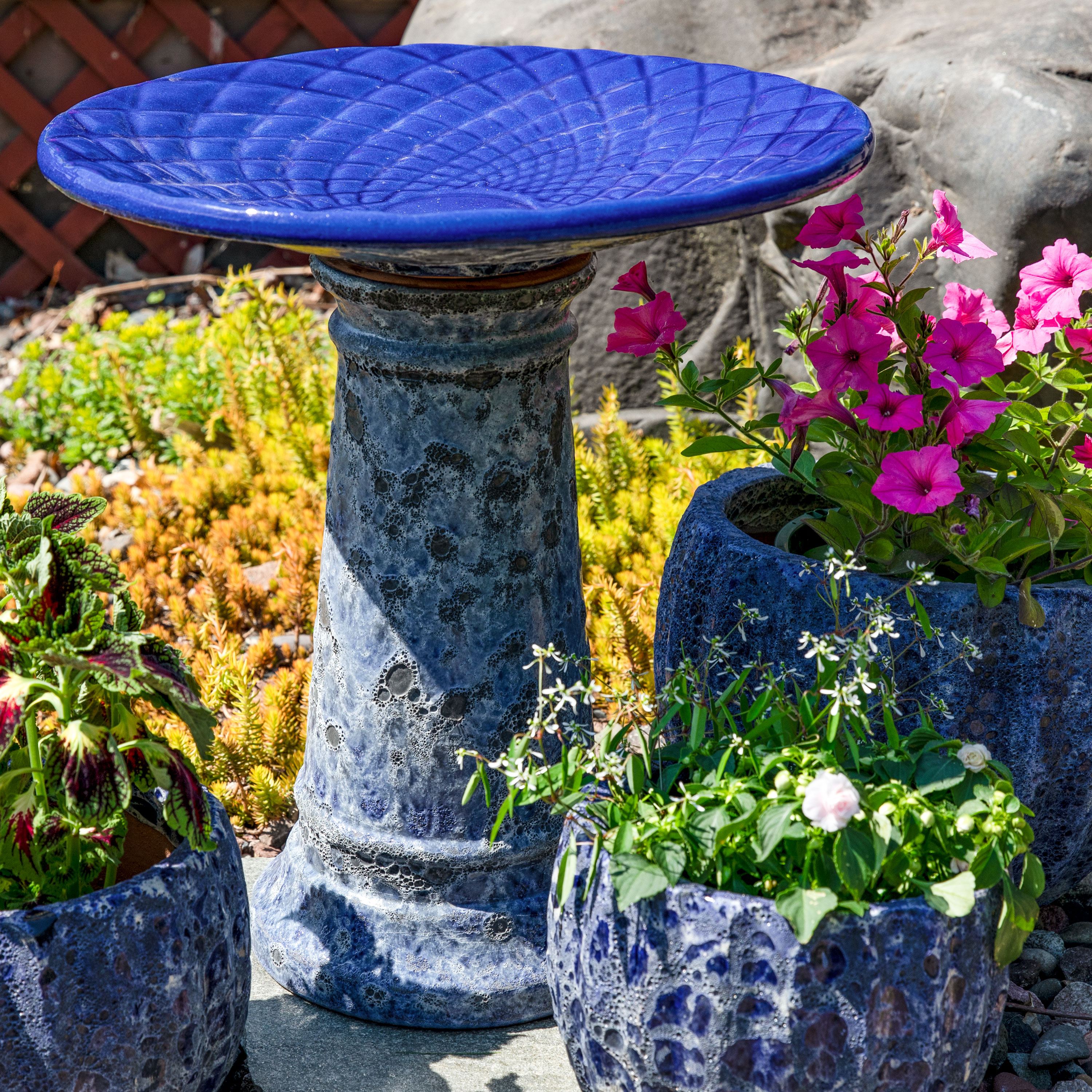 thumbnail video image 2 of Sunnydaze Rennes Freestanding Ceramic Outdoor Bird Bath, UV-Resistant Blue Lava Finish, 2 of 14