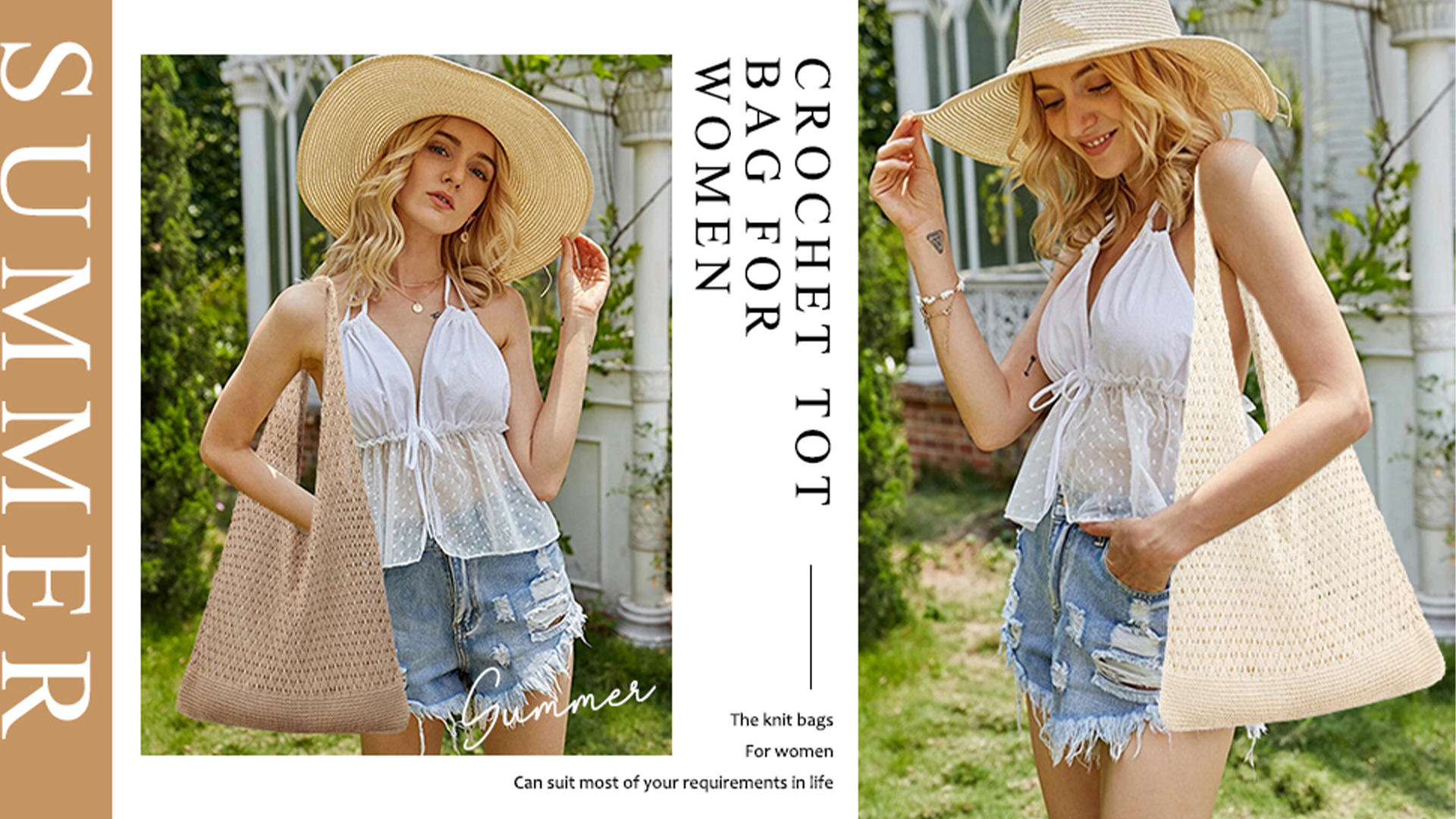 thumbnail video image 2 of Gocvo Crochet Bag for Women, Crochet Tote Summer Bag Mesh Large Shoulder Bag (Beige 14 x 10 x 26.5in), 2 of 7