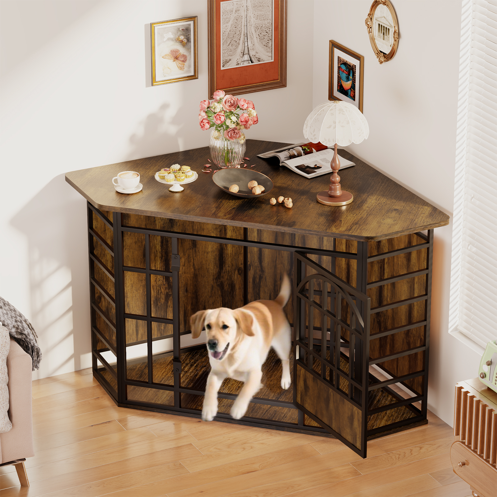thumbnail video image 2 of 52 Inch Large Corner Dog Crate Furniture, Vintage Brown Wooden Pet Kennel, Decorative Indoor Dog Cage, 2 of 9