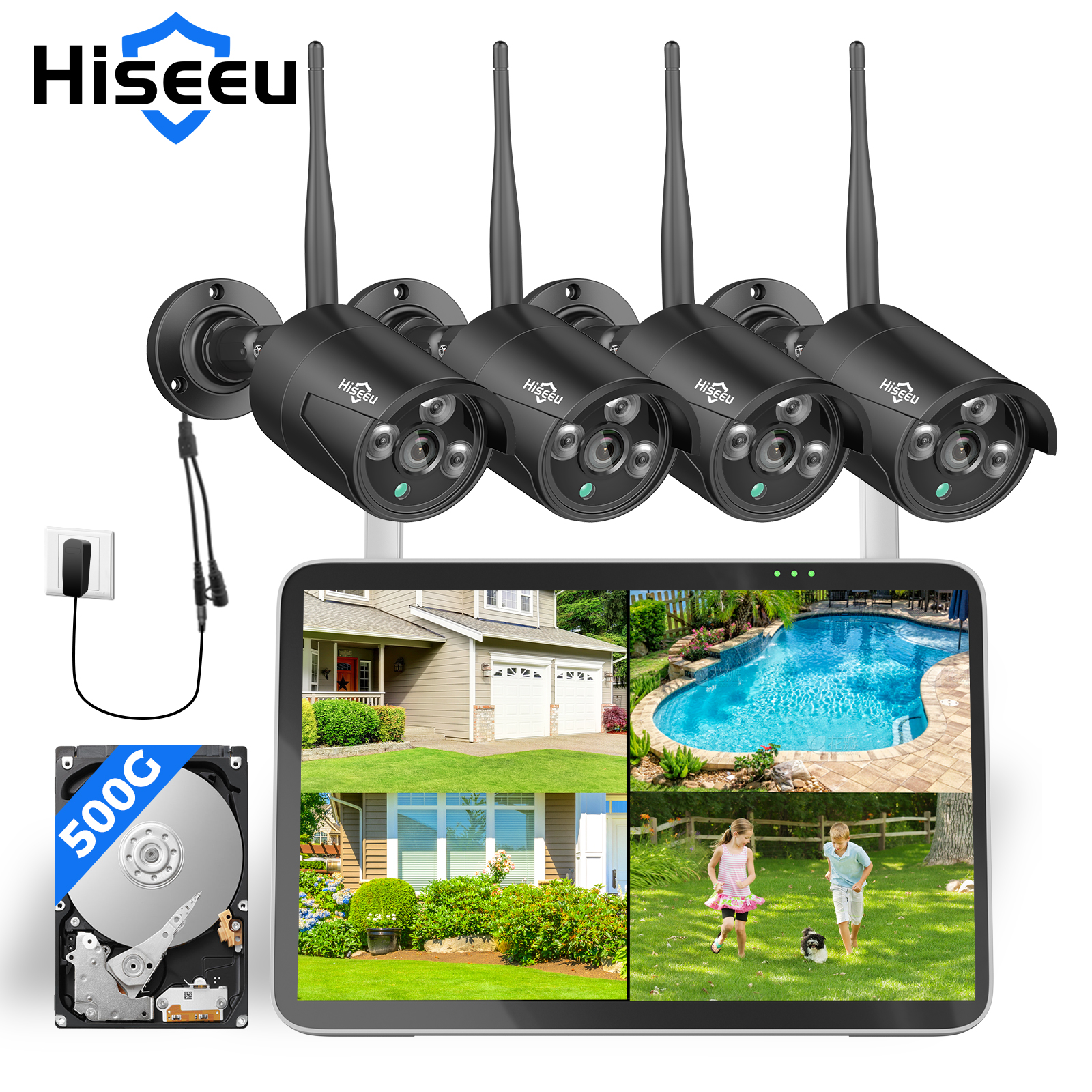 thumbnail video image 2 of Hiseeu Outdoor Security Camera System with 10'' Monitor, 500G Hard Drive, 10CH NVR, 4Pcs Wireless 2.4/5G Wi-Fi 5MP Camera, 24/7 Recording,1-Way Audio, Night Vision, 2 of 14