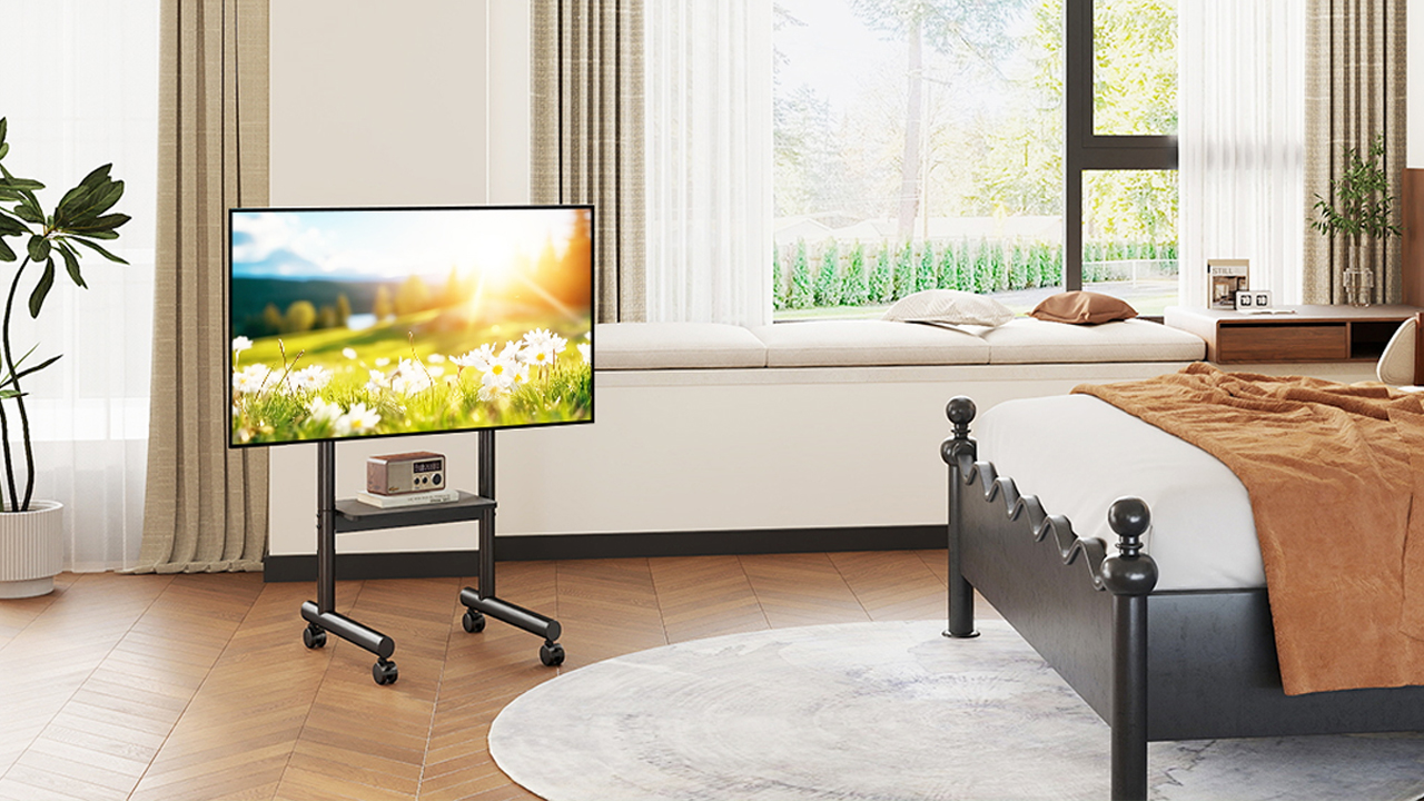 thumbnail video image 2 of RTVR Rolling TV Stand with Locking Wheels - Height Adjustable 43.6"-49.5" Mobile Cart for 40-75" Screens, 110lbs Capacity & Media Shelf, 2 of 10