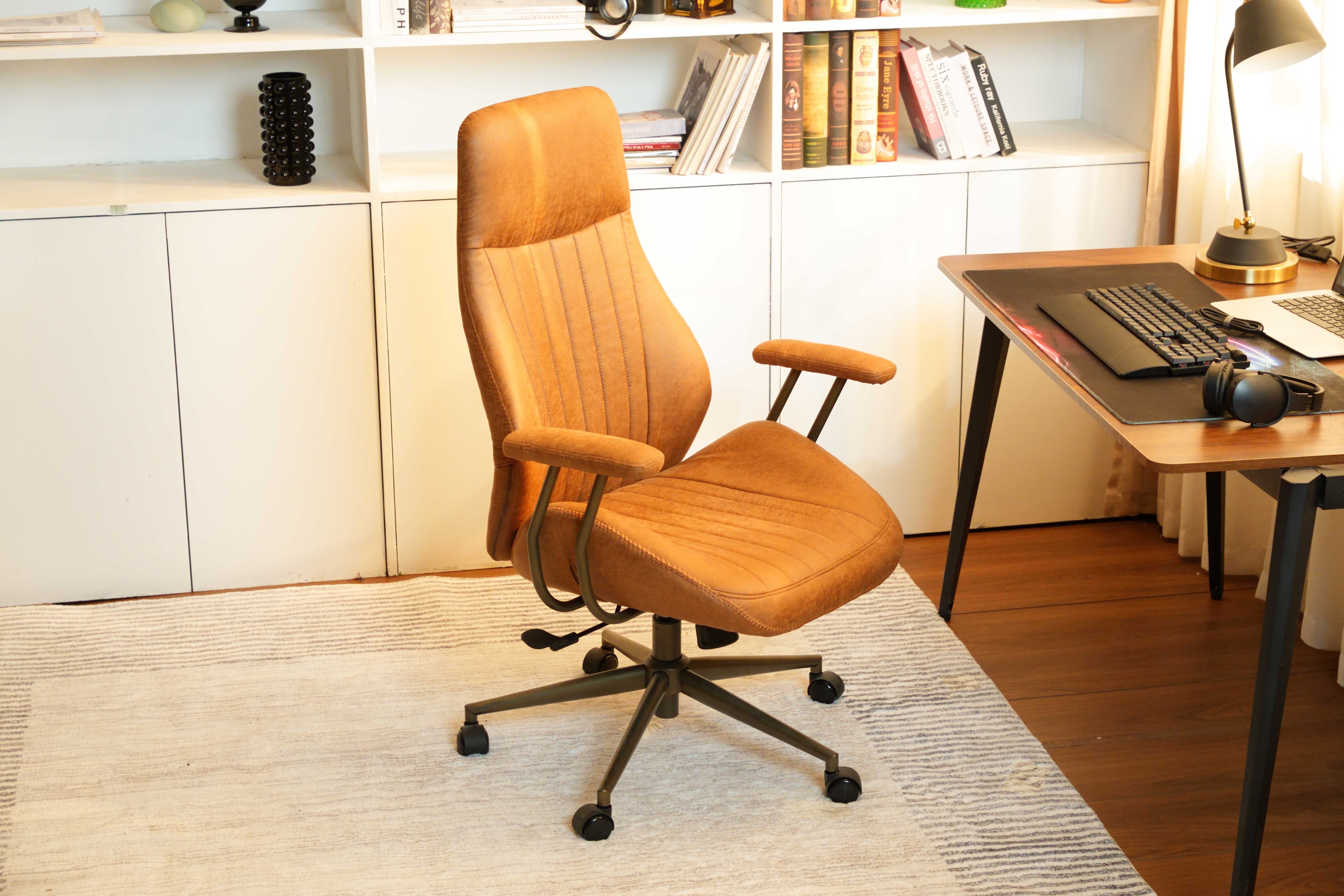 thumbnail video image 2 of Toject Ergonomic Office Chair, High Back Comfy Home Office Chair with Lumbar Support, Mid-Century Modern Computer Executive Desk Chair with Padded Armrests (Suede Leather, Brown), 2 of 9