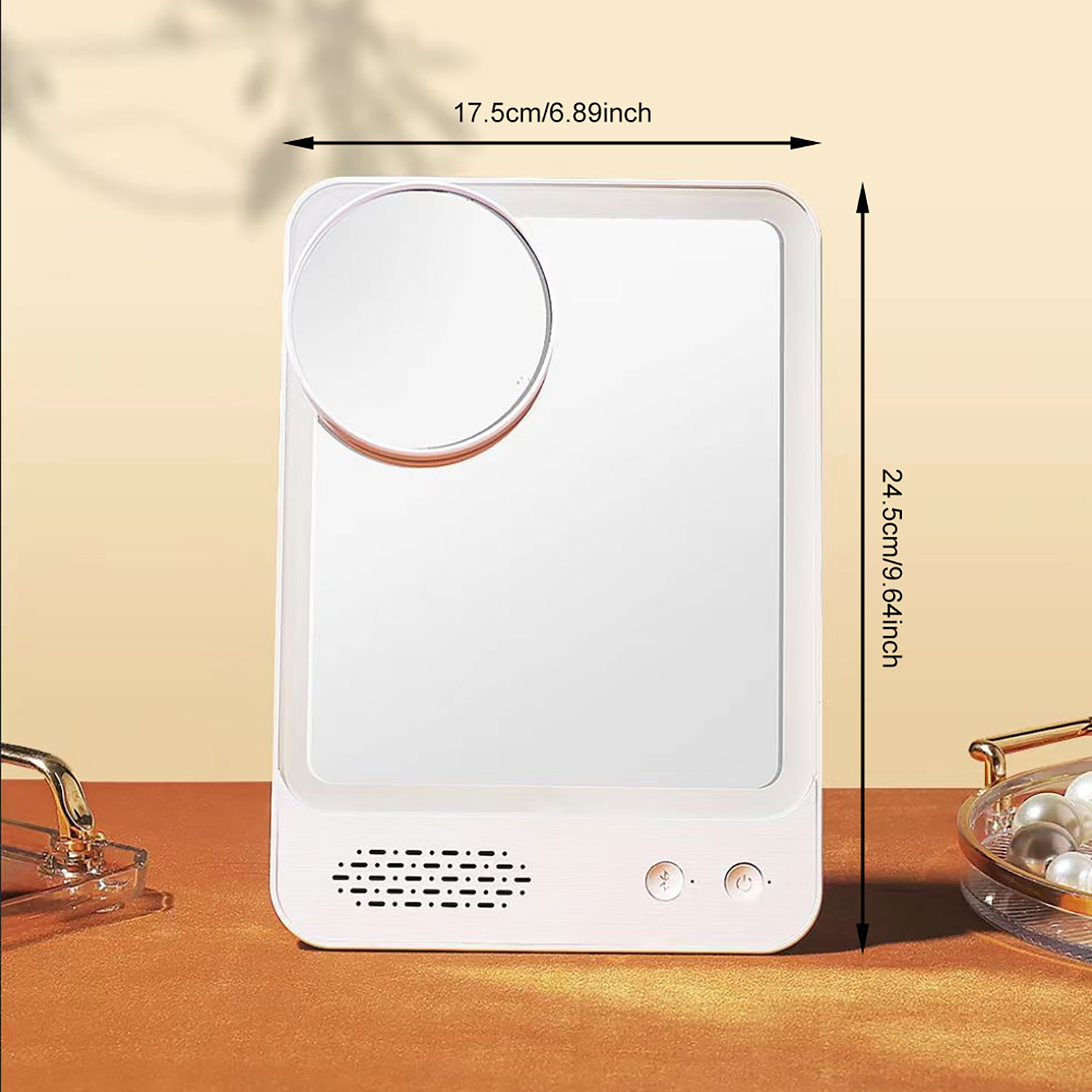 thumbnail video image 2 of Vanity Mirror with Lights & Bluetooth Speaker, 6.9" × 9.6" Lighted Makeup Mirror with Stand, Foldable Travel Mirror, Dimmable Brightness, 10X Magnification, White, 2 of 10