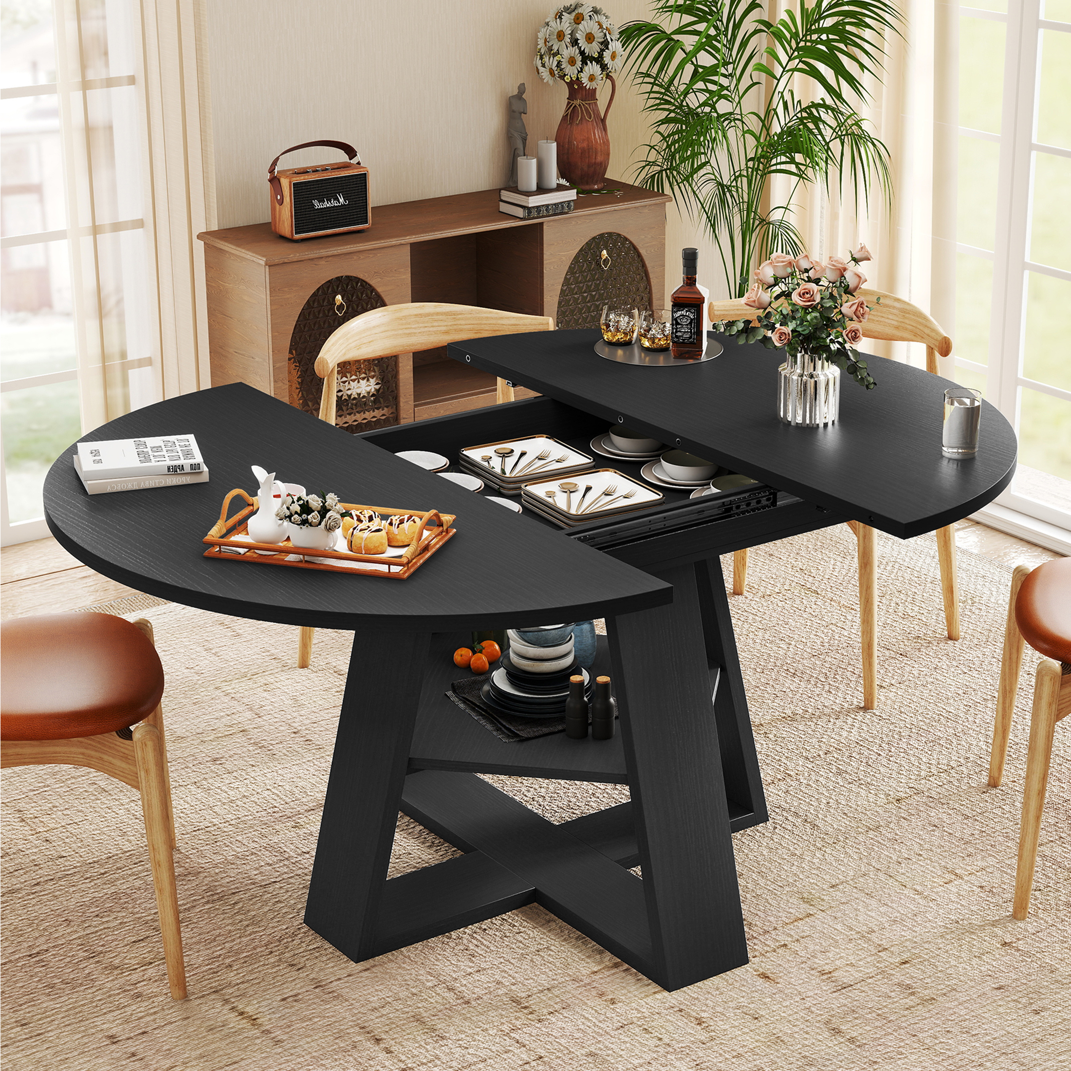 thumbnail video image 2 of Hawsaiy 43.3-59 in Extendable Oval Dining Table for 4-6, Space-Saving Round Kitchen Table with Hidden Leaf Storage & Bottom Shelf for Small Space, Gray, 2 of 10