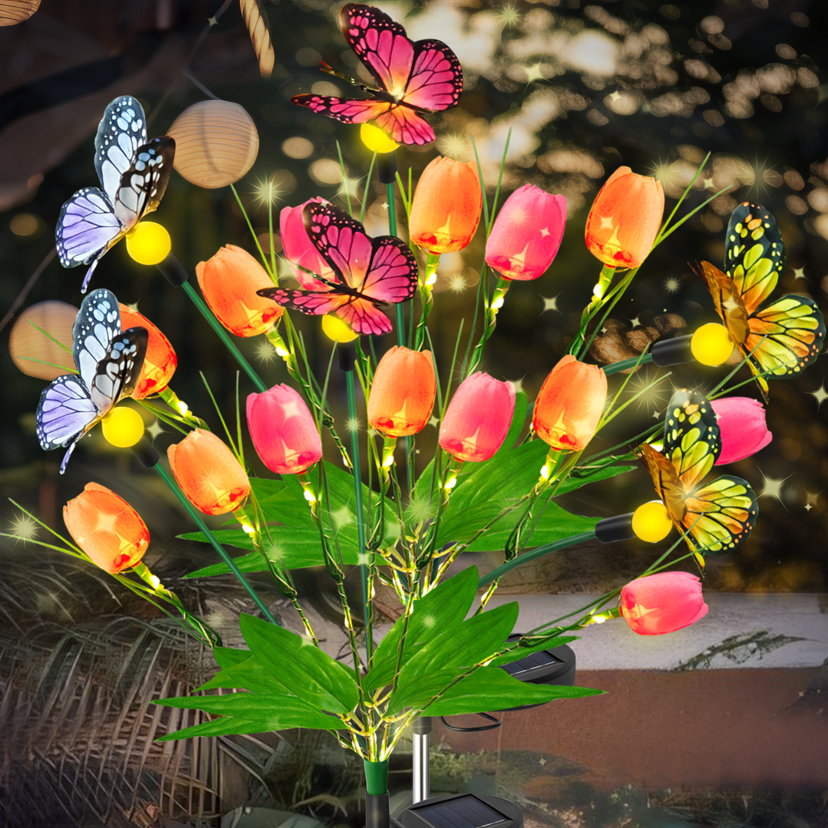 thumbnail video image 2 of Solar Garden Lights, 7 Colorful Tulip Flower and 3 Butterfly lED Lights,Swaying With The Wind,Solar Outdoor Lights,Courtyard Channel Decoration(2 Pack）, 2 of 7