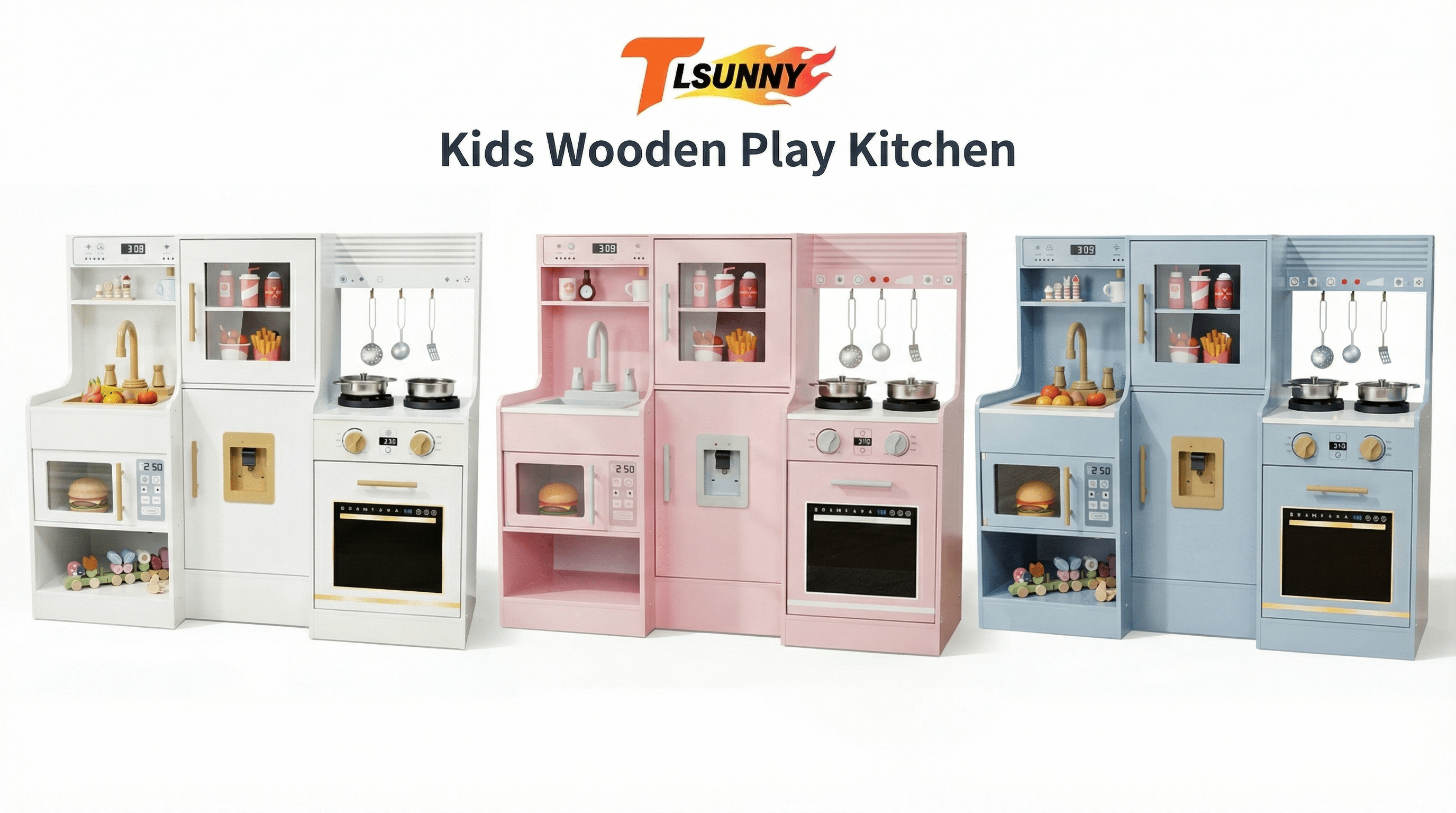 thumbnail video image 2 of TLSUNNY Wooden Play Kitchen for Toddlers , Interactive Kitchen Playset with Sink, Water Dispenser, Oven& 5 Toy Cookware Tools, Gift for Age 3+, 2 of 10
