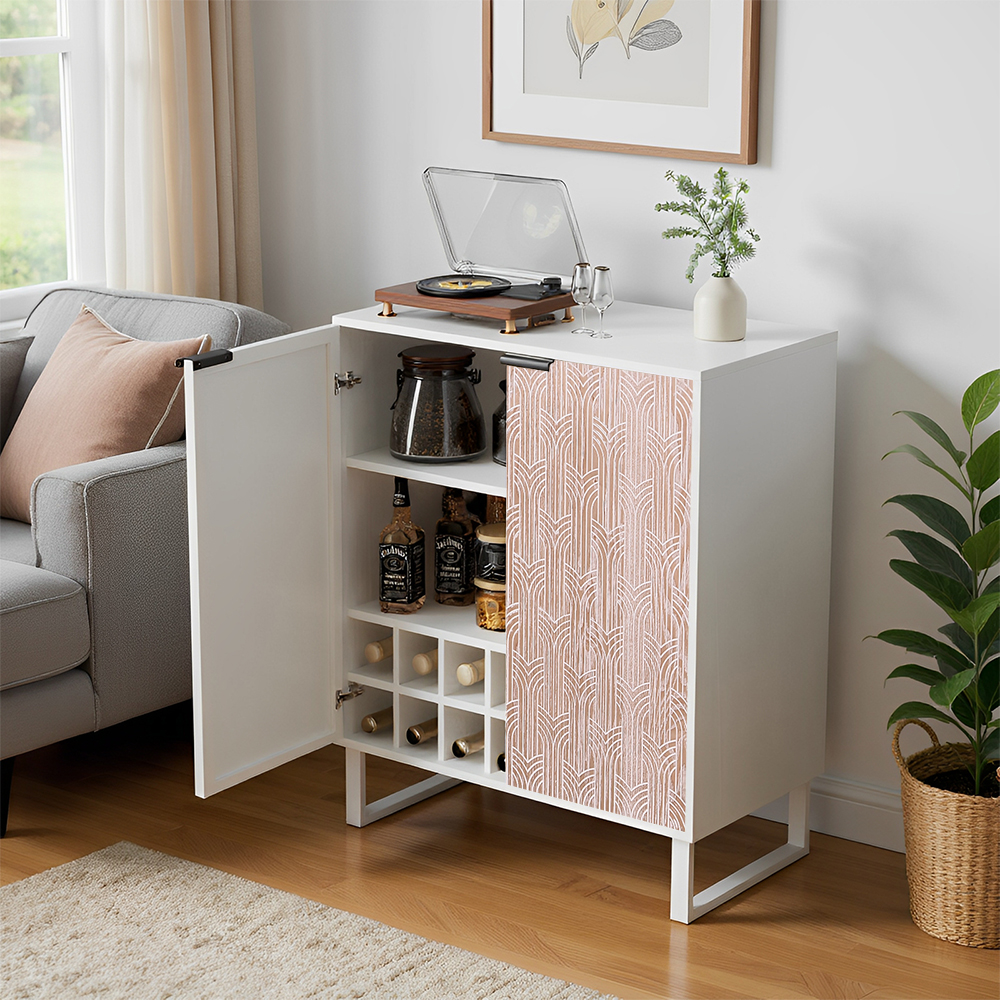thumbnail video image 2 of Strafriture Coffee Bar Cabinet with Storage, Fluted Wine Cabinet with Wine Rack & Glass Holder, Buffet Sideboard Liquor Cabinet for Kitchen, Dining Room, Living Room, Walnut, White, 2 of 13