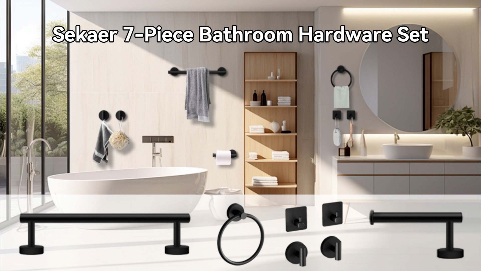 7-Piece Black & Gold Bathroom Accessories Set – Stainless Steel Towel Racks, Hooks & Holder, Modern Light Luxury Design, Wall-Mounted, Multi-Use For Bathroom, Kitchen, Bedroom, Entryway Bathroom Accessory Set