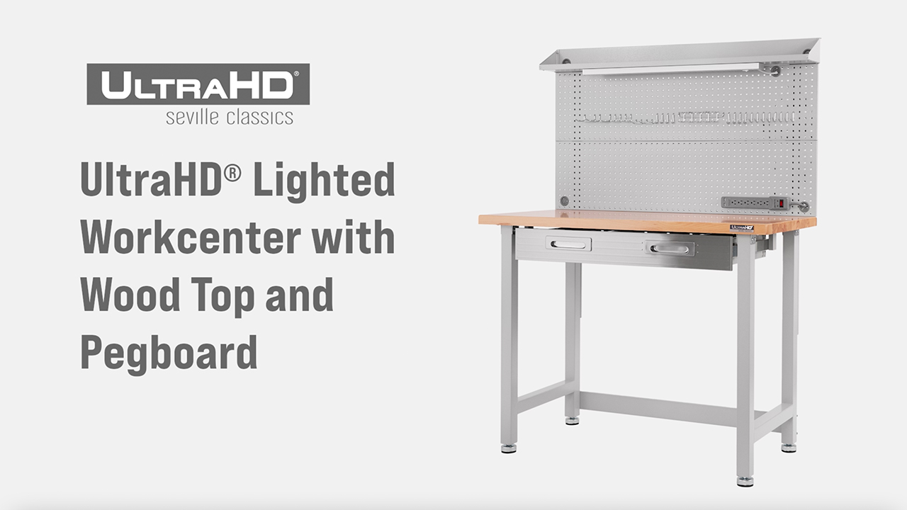 thumbnail video image 2 of Seville Classics UltraHD® Heavy Duty Commercial Lighted Workcenter Workbench w/ Wood Top and Pegboard, Granite, 48" W x 24" D x 65.5" H, 2 of 10